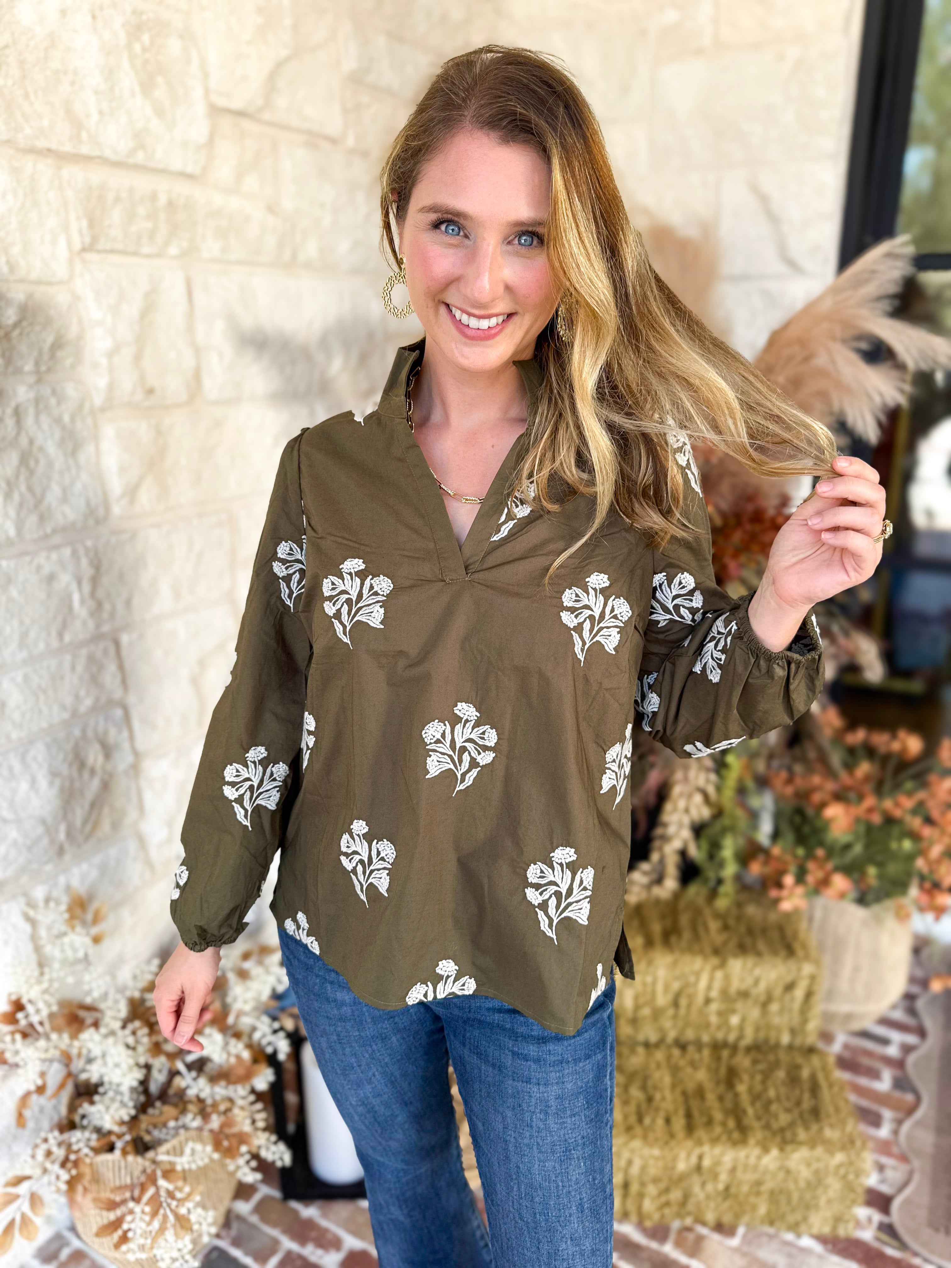 Mary Square - Olive Embroidered Flora Blouse-200 Fashion Blouses-MARY SQUARE-July & June Women's Fashion Boutique Located in San Antonio, Texas