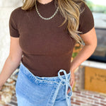 Mock Neck Soft Fitted Sweater Top - Dark Brown-230 Sweaters/Cardis-SKIES ARE BLUE-July & June Women's Fashion Boutique Located in San Antonio, Texas