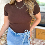 Mock Neck Soft Fitted Sweater Top - Dark Brown-230 Sweaters/Cardis-SKIES ARE BLUE-July & June Women's Fashion Boutique Located in San Antonio, Texas