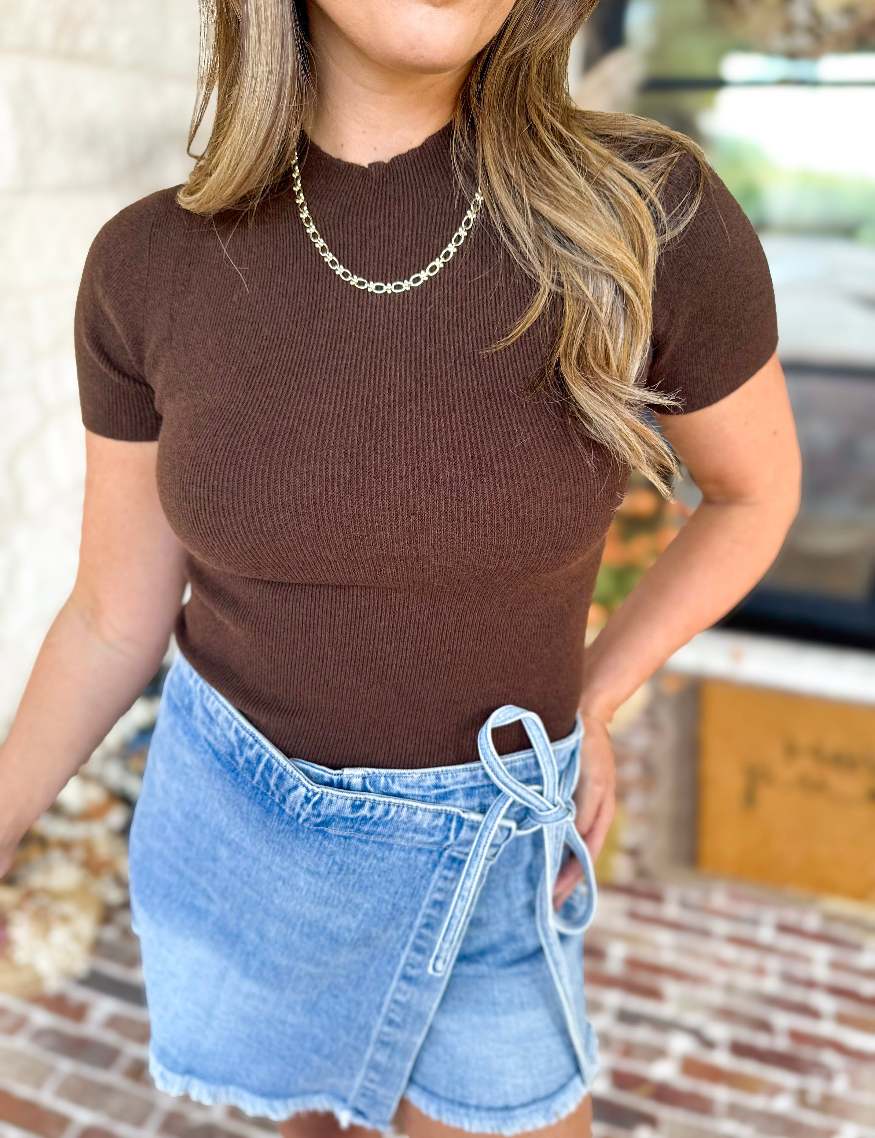 Mock Neck Soft Fitted Sweater Top - Dark Brown-230 Sweaters/Cardis-SKIES ARE BLUE-July & June Women's Fashion Boutique Located in San Antonio, Texas