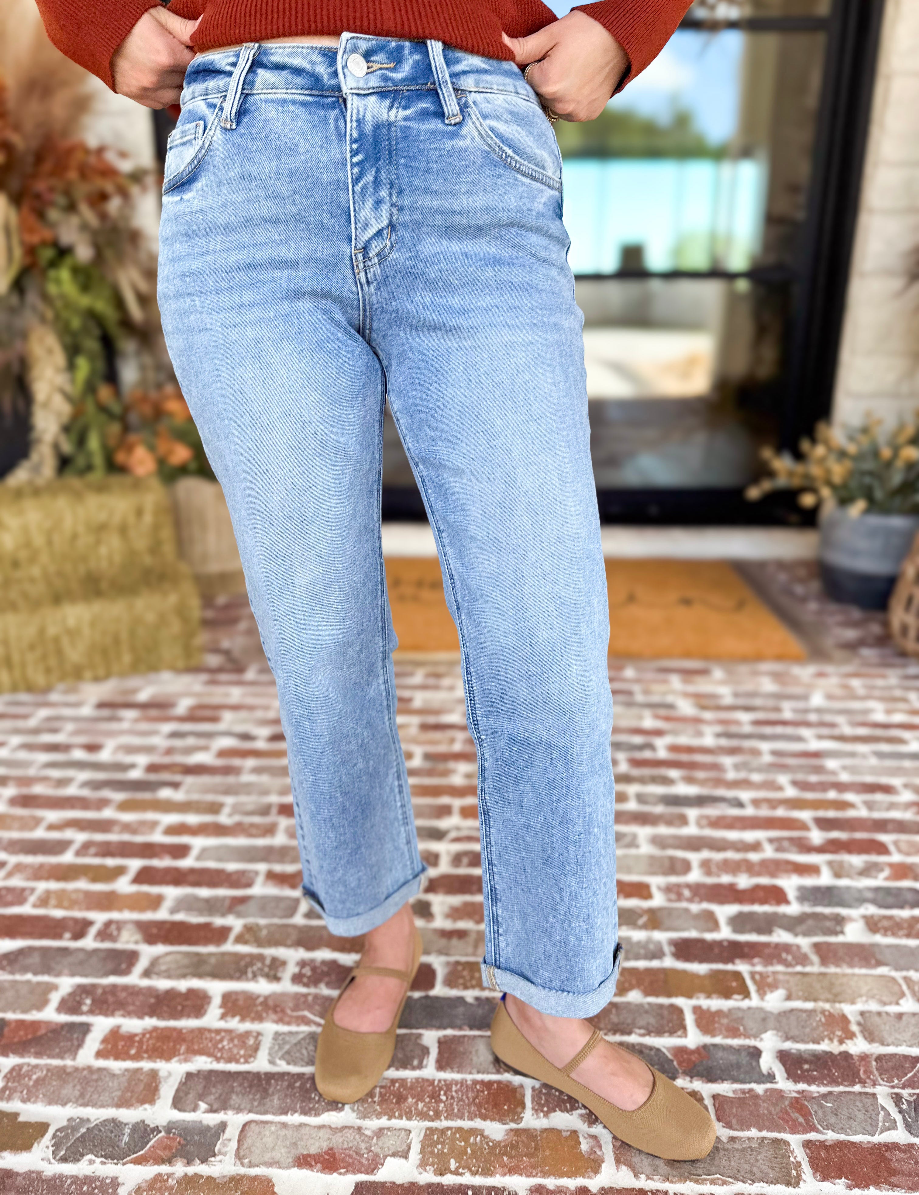 Vervet - Mid Rise Small Cuff Straight Leg Jeans-420 Denim-VEVERT BY FLYING MONKEY-July & June Women's Fashion Boutique Located in San Antonio, Texas