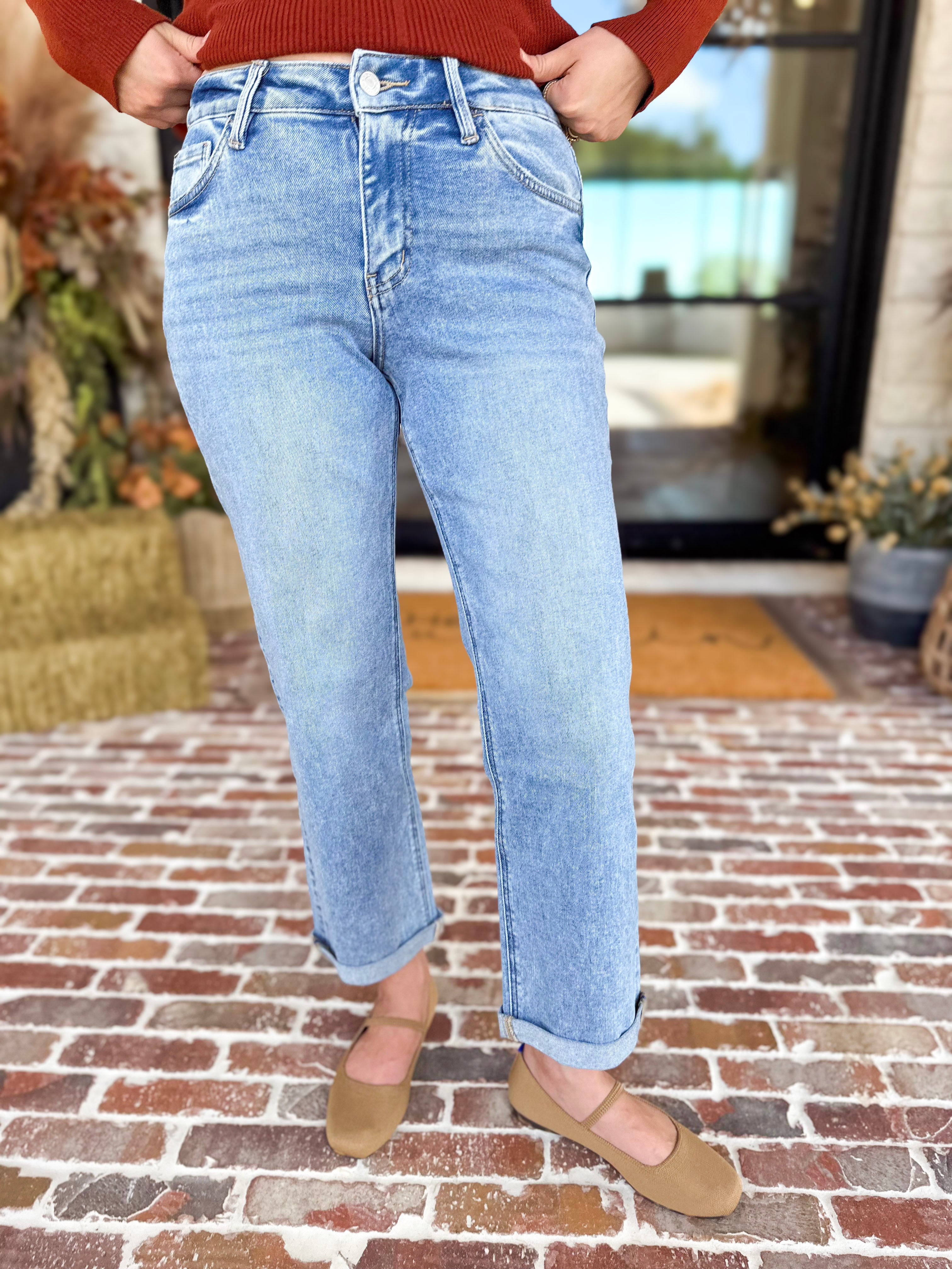 Vervet - Mid Rise Small Cuff Straight Leg Jeans-420 Denim-VEVERT BY FLYING MONKEY-July & June Women's Fashion Boutique Located in San Antonio, Texas