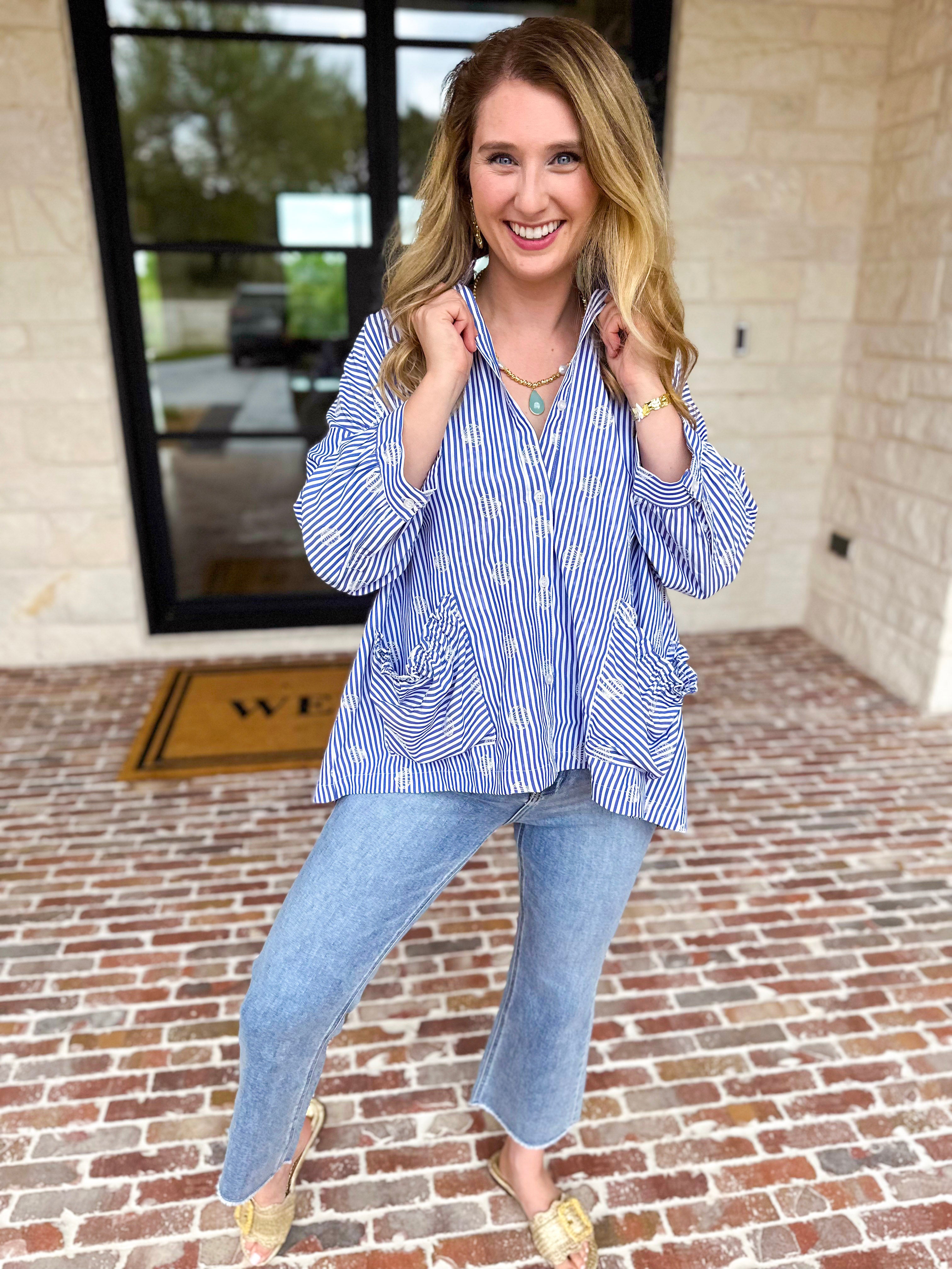 Seashell Flow Button Down Blouse-200 Fashion Blouses-FATE-July & June Women's Fashion Boutique Located in San Antonio, Texas