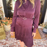 Current Air - Bordeaux Pleated Satin Mini Dress-510 Mini-CURRENT AIR CLOTHING-July & June Women's Fashion Boutique Located in San Antonio, Texas