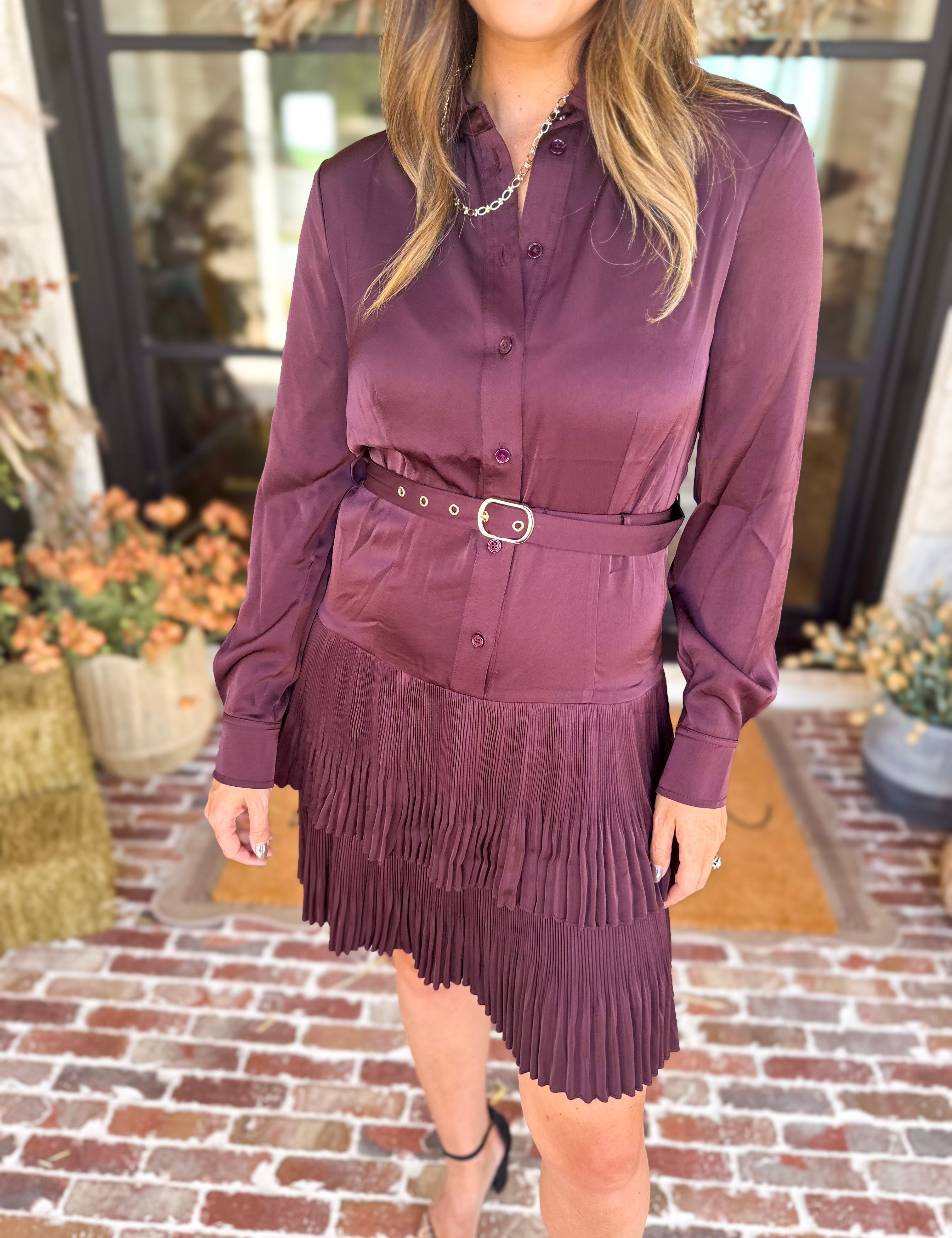 Current Air - Bordeaux Pleated Satin Mini Dress-510 Mini-CURRENT AIR CLOTHING-July & June Women's Fashion Boutique Located in San Antonio, Texas