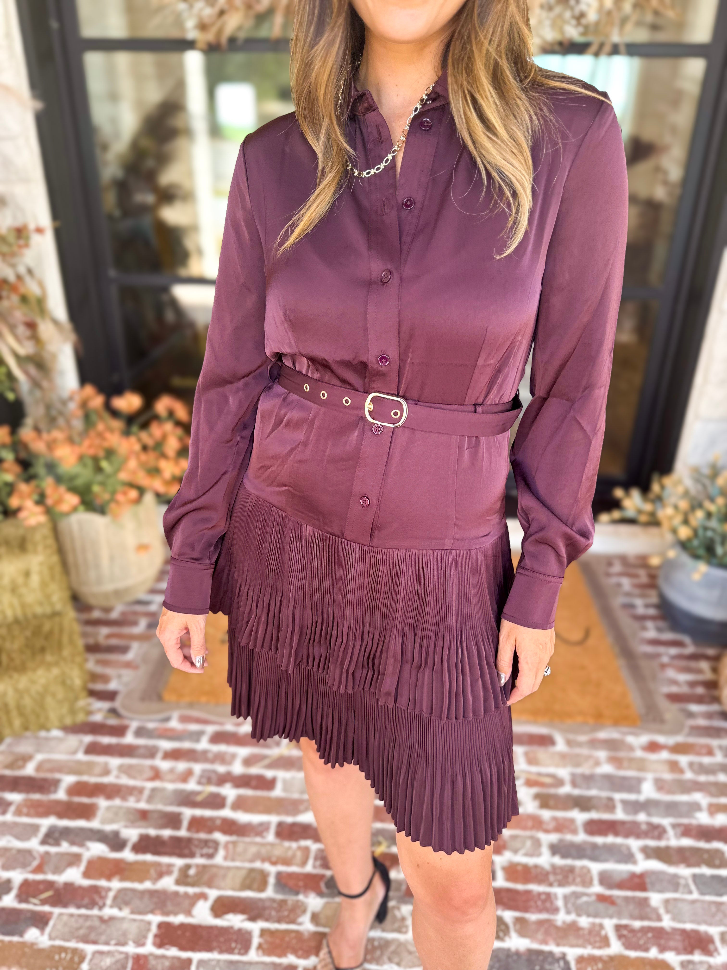 Current Air - Bordeaux Pleated Satin Mini Dress-510 Mini-CURRENT AIR CLOTHING-July & June Women's Fashion Boutique Located in San Antonio, Texas