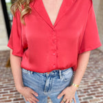 LIVERPOOL - Short Sleeve Satin Top - Sunset Coral-200 Fashion Blouses-LIVERPOOL JEANS COMPANY-July & June Women's Fashion Boutique Located in San Antonio, Texas