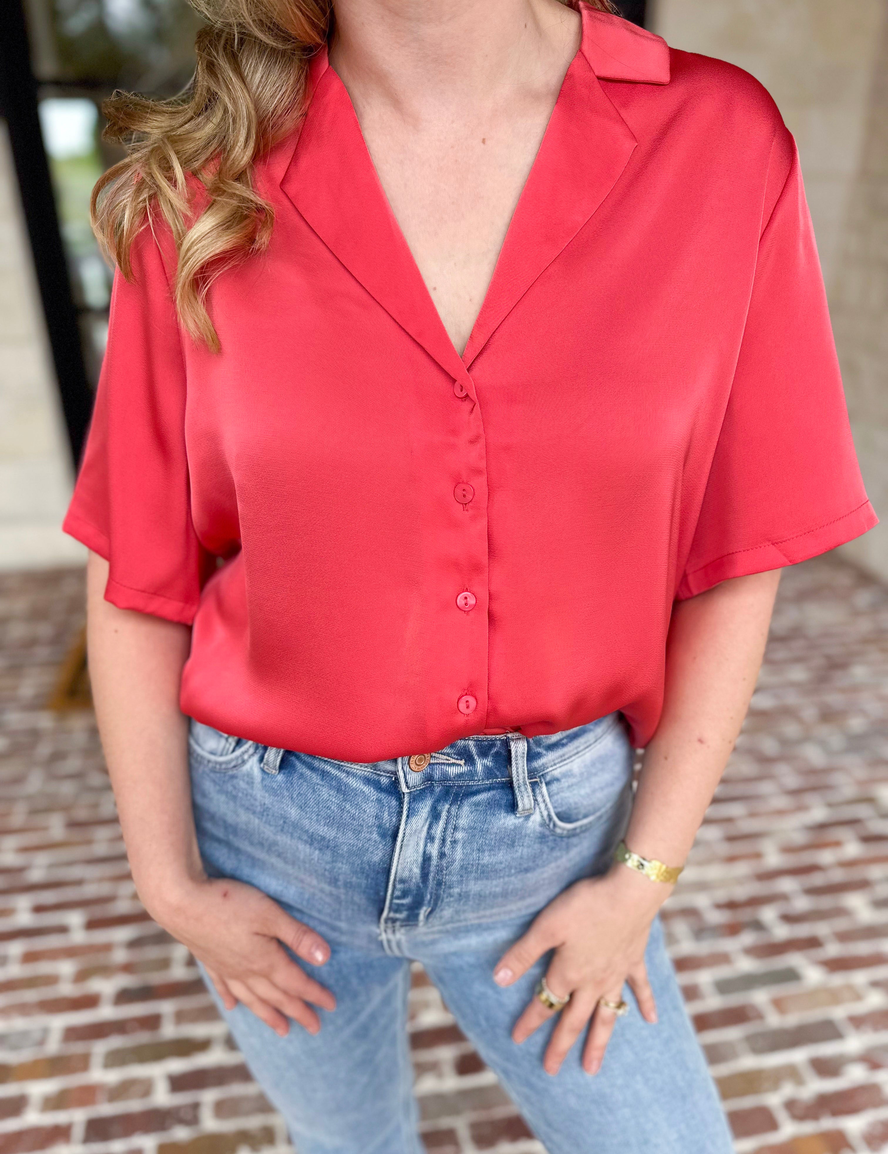 LIVERPOOL - Short Sleeve Satin Top - Sunset Coral-200 Fashion Blouses-LIVERPOOL JEANS COMPANY-July & June Women's Fashion Boutique Located in San Antonio, Texas