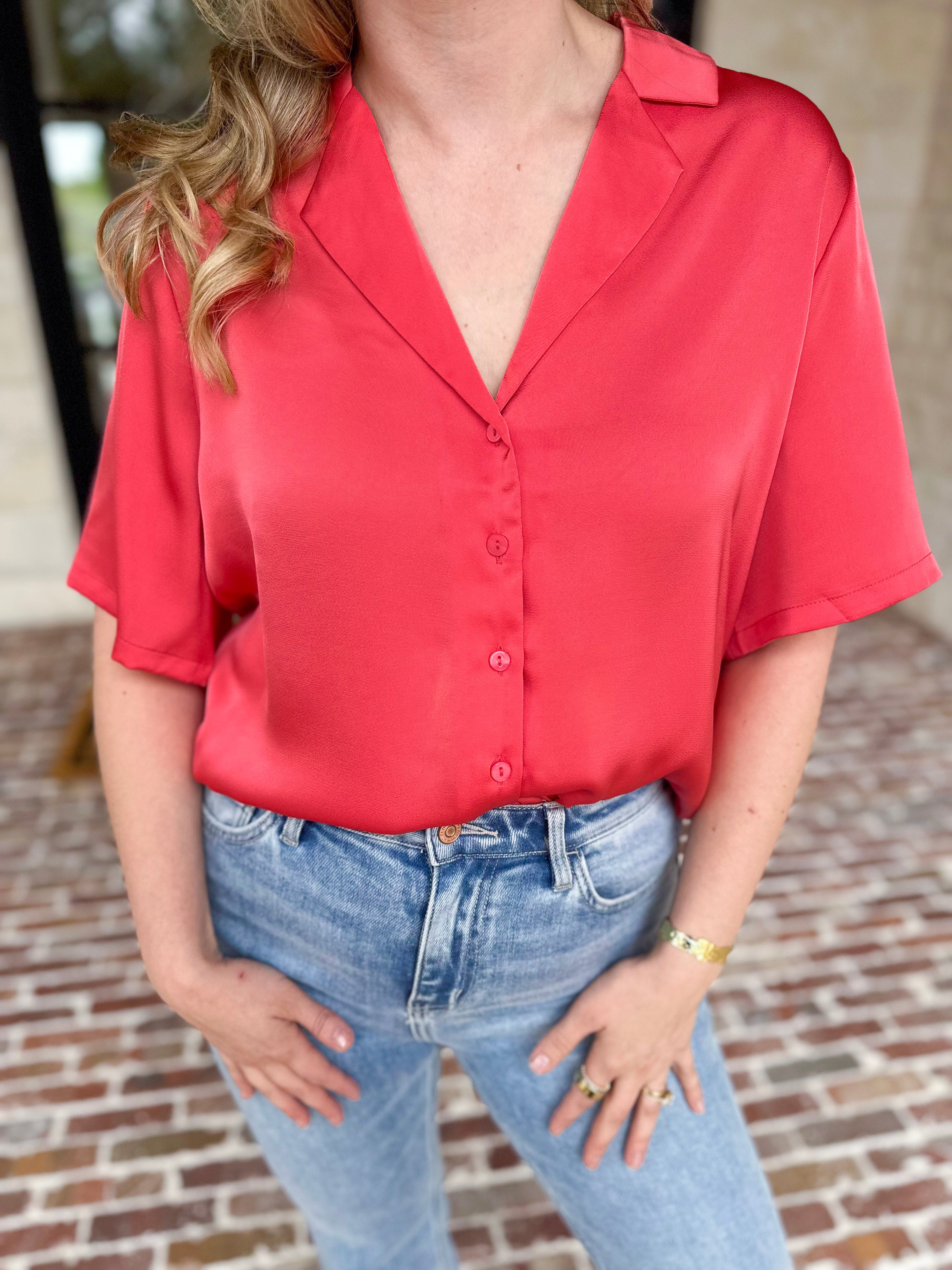 LIVERPOOL - Short Sleeve Satin Top - Sunset Coral-200 Fashion Blouses-LIVERPOOL JEANS COMPANY-July & June Women's Fashion Boutique Located in San Antonio, Texas
