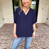 Braided Blouse - Navy-200 Fashion Blouses-ENTRO-July & June Women's Fashion Boutique Located in San Antonio, Texas