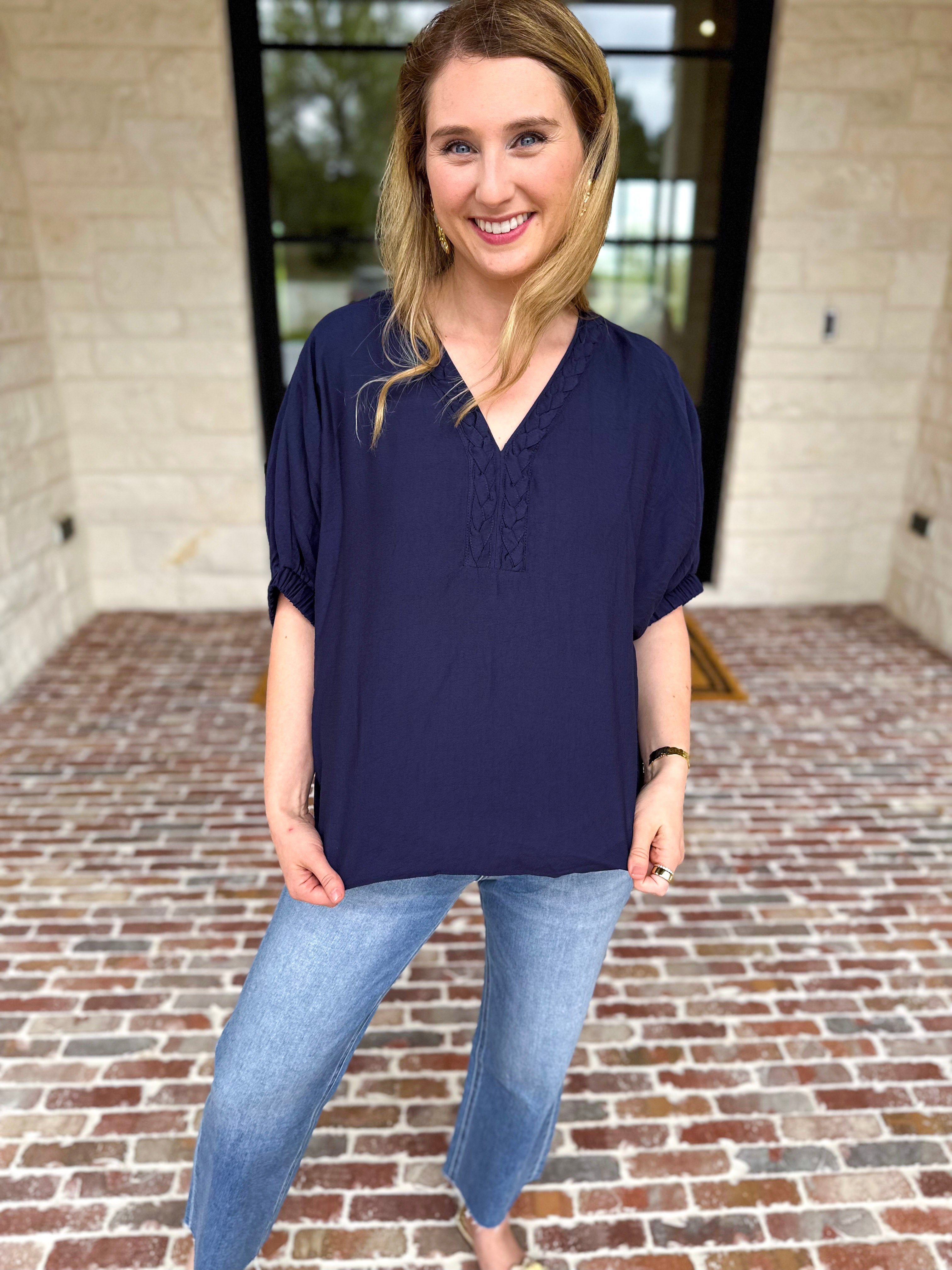 Braided Blouse - Navy-200 Fashion Blouses-ENTRO-July & June Women's Fashion Boutique Located in San Antonio, Texas