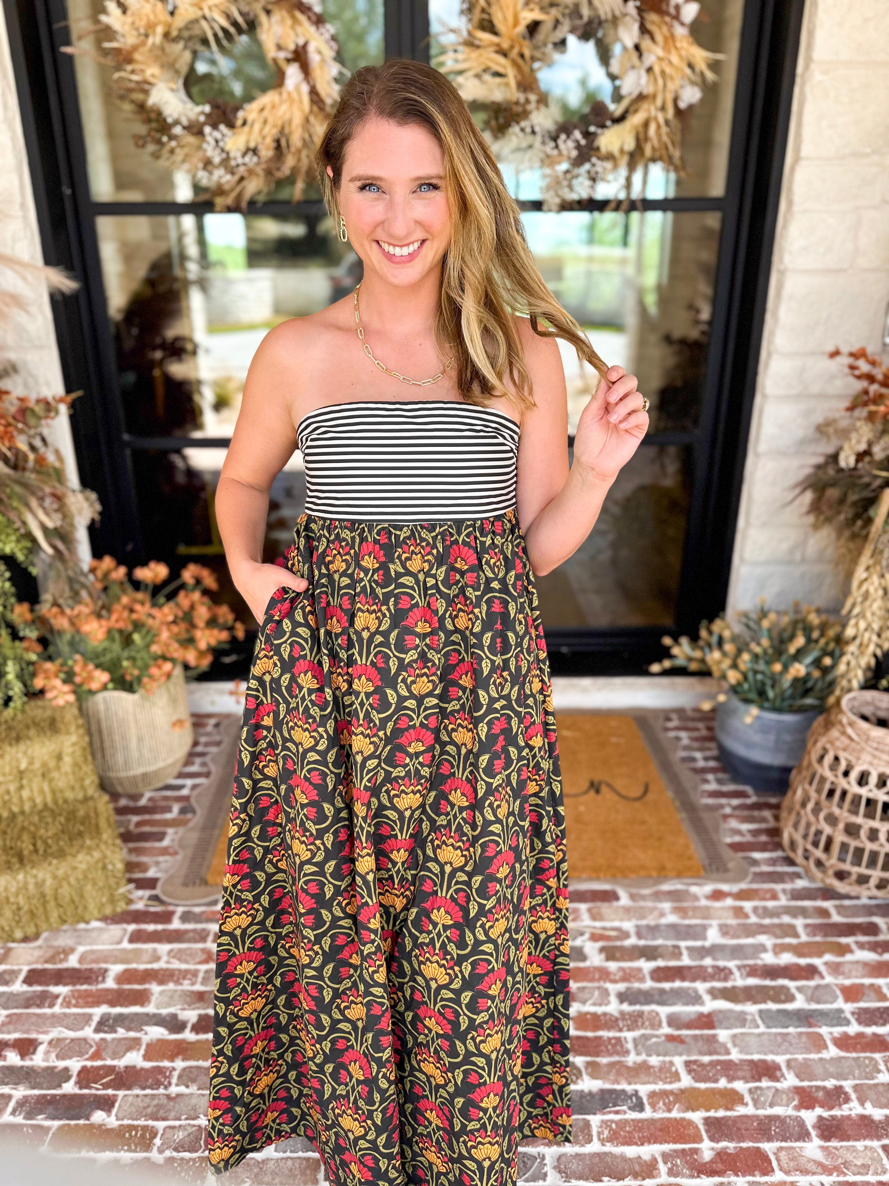 Floral & Stripes Strapless Maxi Dress-500 Midi-TCEC-July & June Women's Fashion Boutique Located in San Antonio, Texas