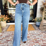 Denim & Suede Trim Drawstring Pants-400 Pants-SKIES ARE BLUE-July & June Women's Fashion Boutique Located in San Antonio, Texas
