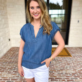 Current Air - Chambray Details Blouse-200 Fashion Blouses-CURRENT AIR CLOTHING-July & June Women's Fashion Boutique Located in San Antonio, Texas