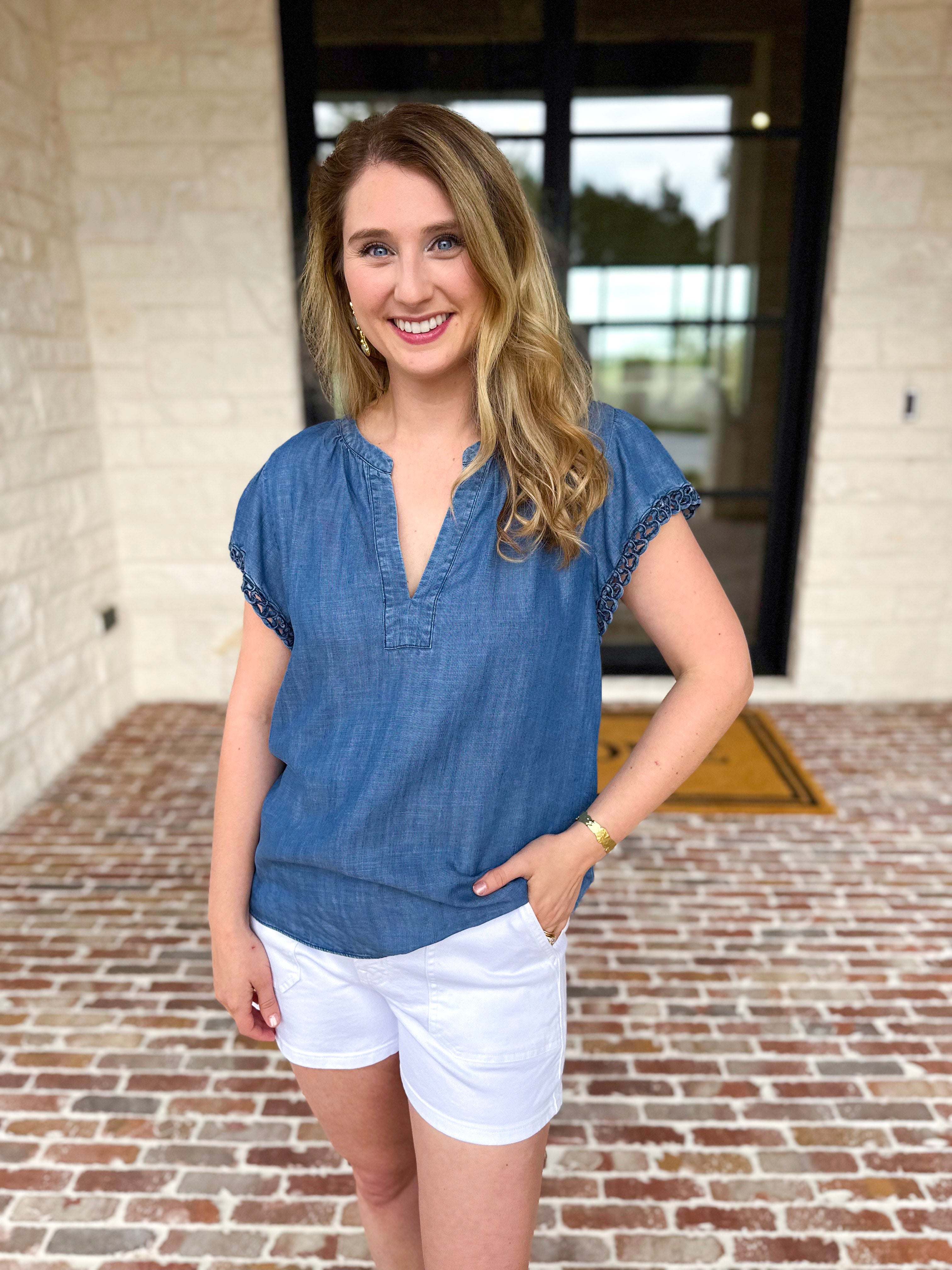 Current Air - Chambray Details Blouse-200 Fashion Blouses-CURRENT AIR CLOTHING-July & June Women's Fashion Boutique Located in San Antonio, Texas