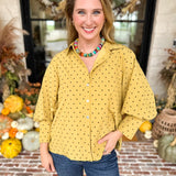 Golden Bubble Sleeve Blouse-200 Fashion Blouses-JODIFL-July & June Women's Fashion Boutique Located in San Antonio, Texas