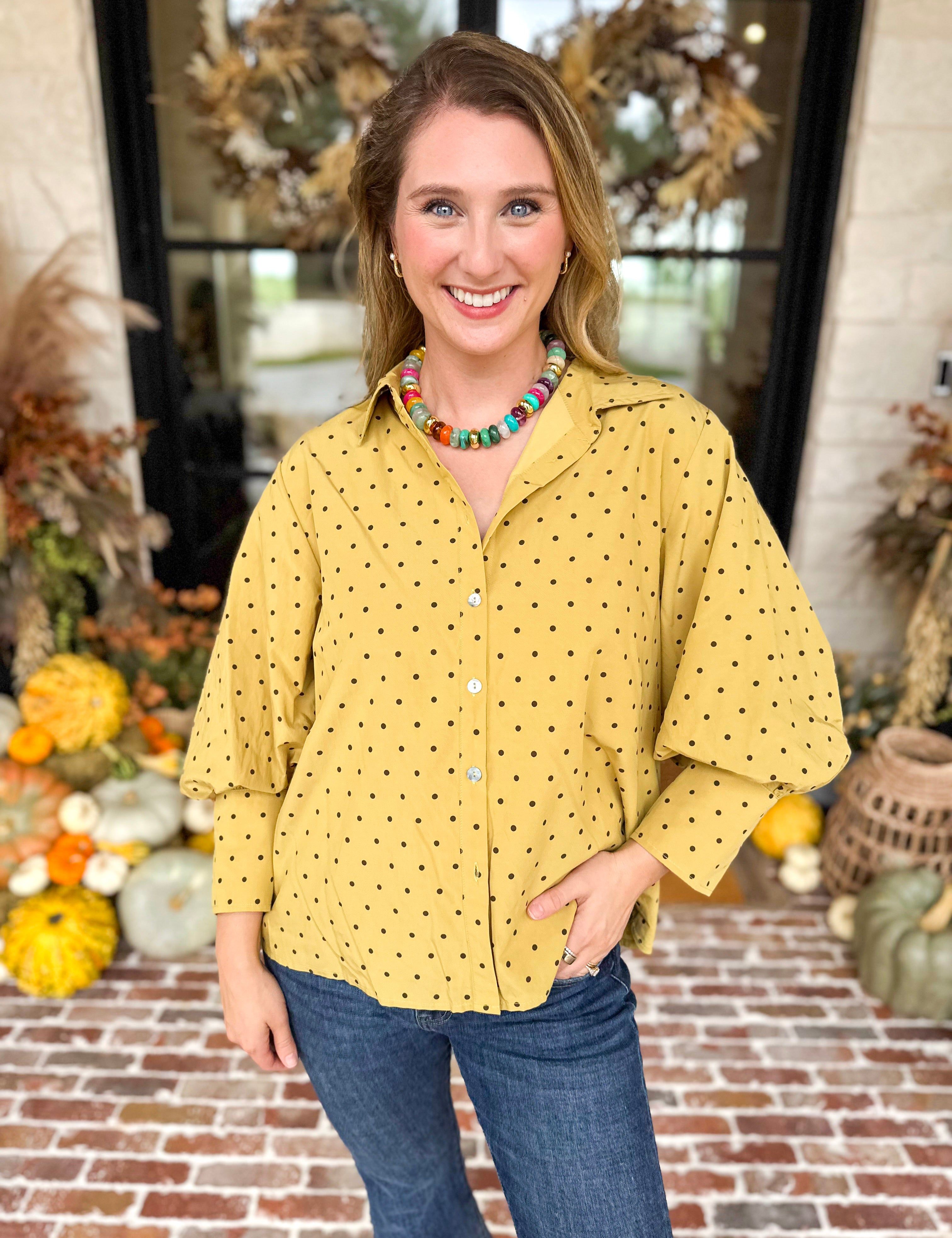 Golden Bubble Sleeve Blouse-200 Fashion Blouses-JODIFL-July & June Women's Fashion Boutique Located in San Antonio, Texas