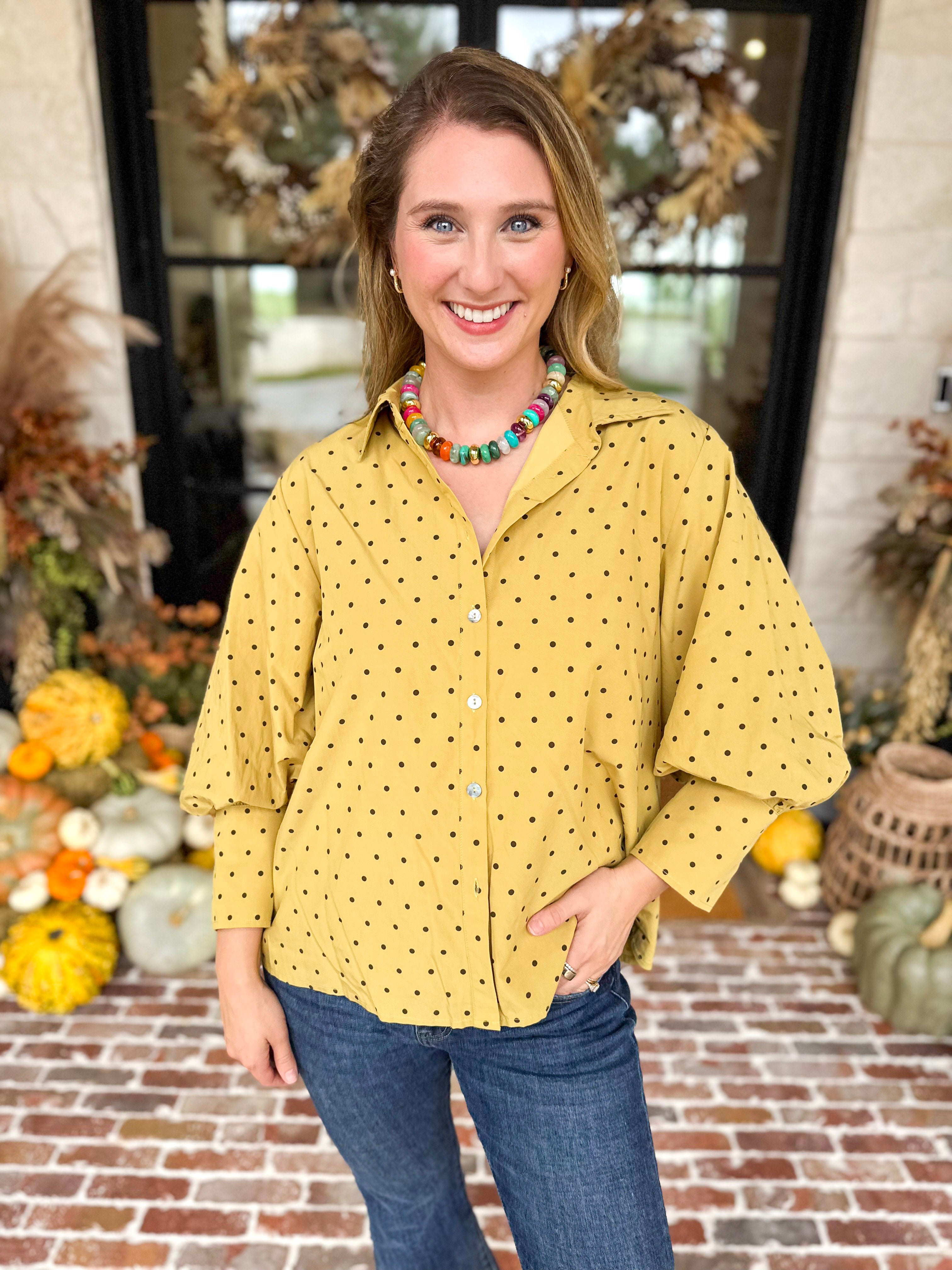 Golden Bubble Sleeve Blouse-200 Fashion Blouses-JODIFL-July & June Women's Fashion Boutique Located in San Antonio, Texas