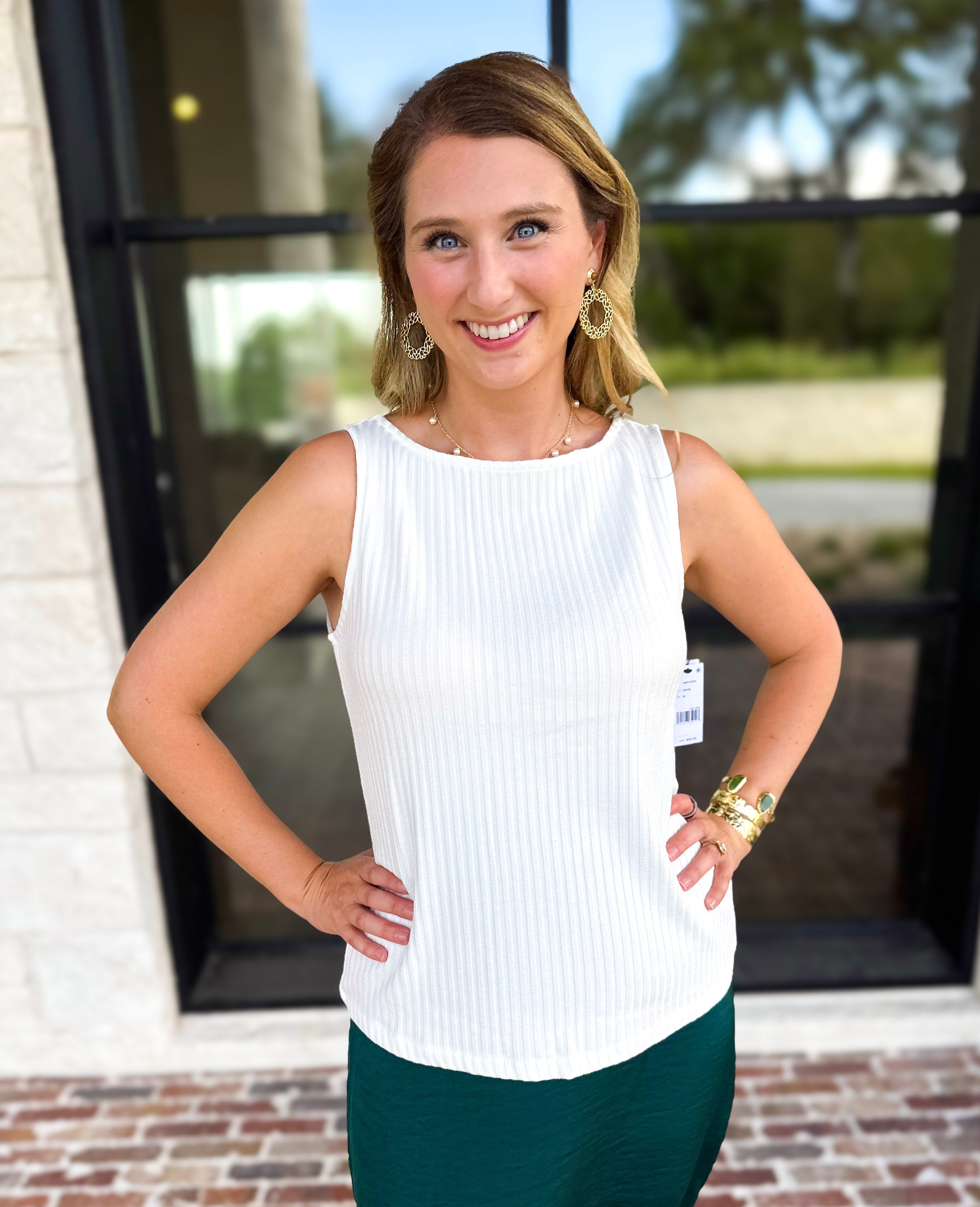 Liverpool - Classic Boatneck Knit Tank - White-210 Casual Blouses-LIVERPOOL JEANS COMPANY-July & June Women's Fashion Boutique Located in San Antonio, Texas