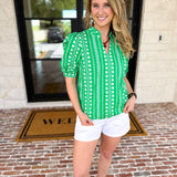 Mary Square - Colette Heritage Green Blouse-200 Fashion Blouses-MARY SQUARE-July & June Women's Fashion Boutique Located in San Antonio, Texas