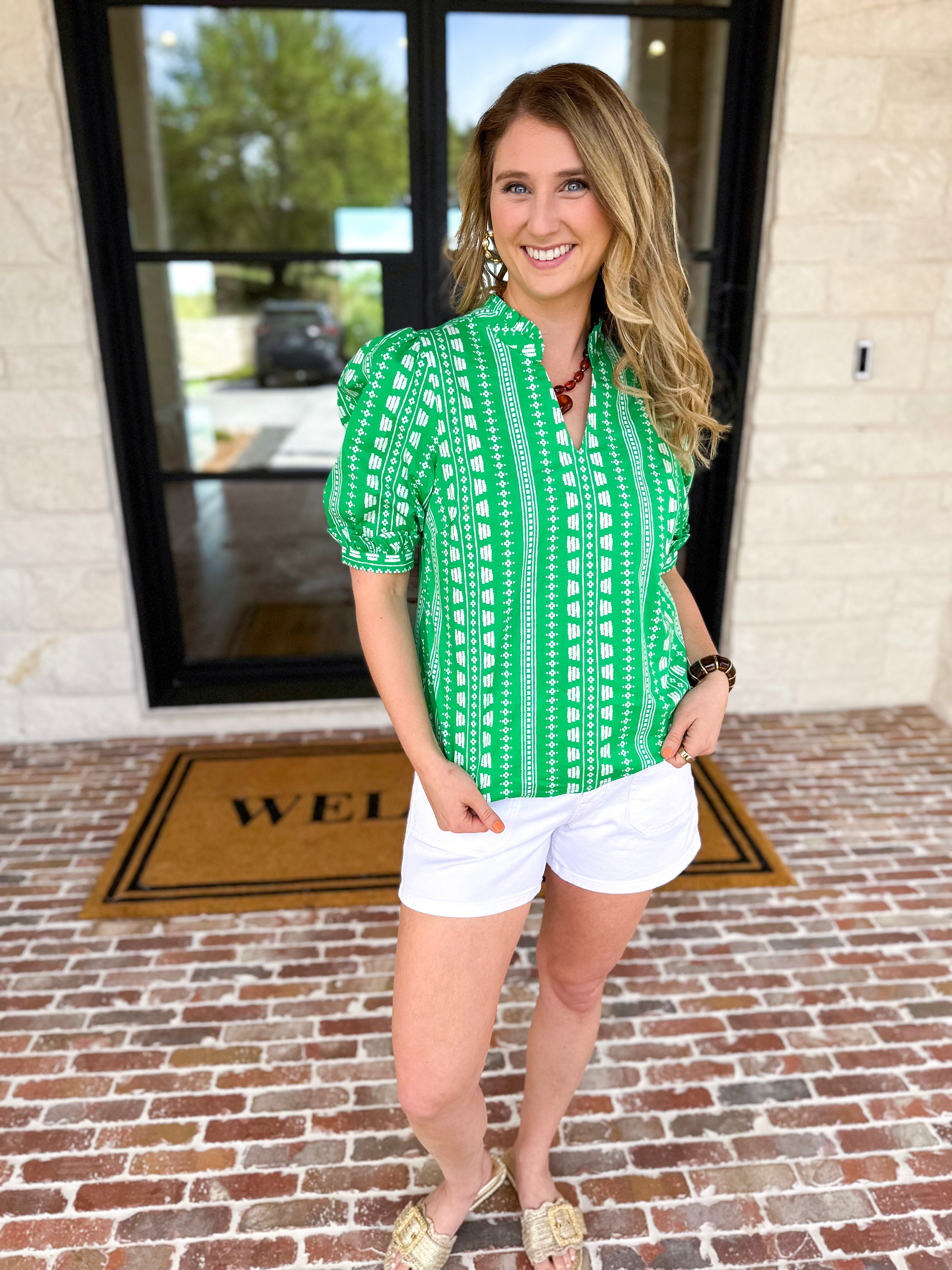 Mary Square - Colette Heritage Green Blouse-200 Fashion Blouses-MARY SQUARE-July & June Women's Fashion Boutique Located in San Antonio, Texas