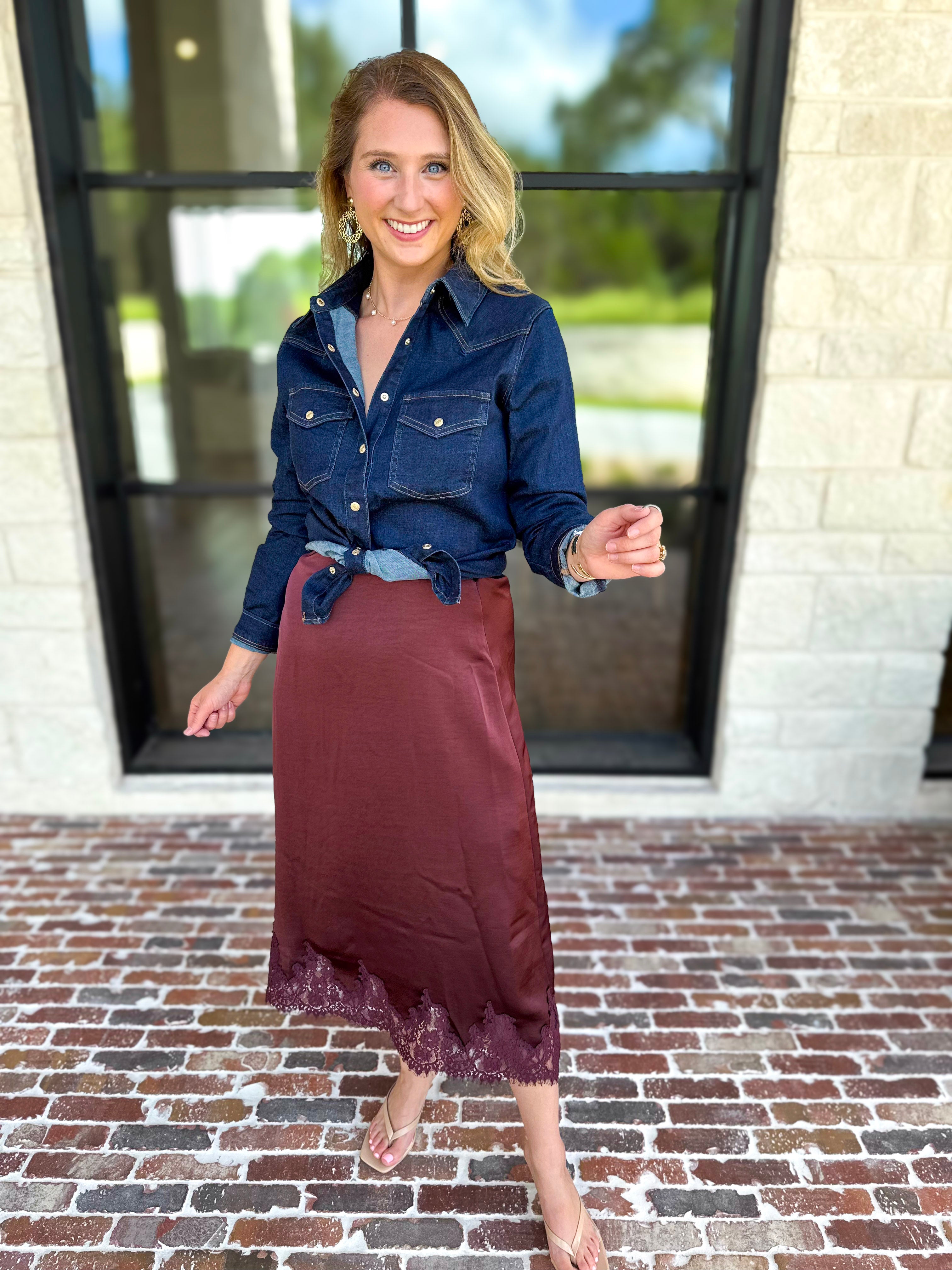 Liverpool - The Dakota Denim Button Down-200 Fashion Blouses-LIVERPOOL JEANS COMPANY-July & June Women's Fashion Boutique Located in San Antonio, Texas