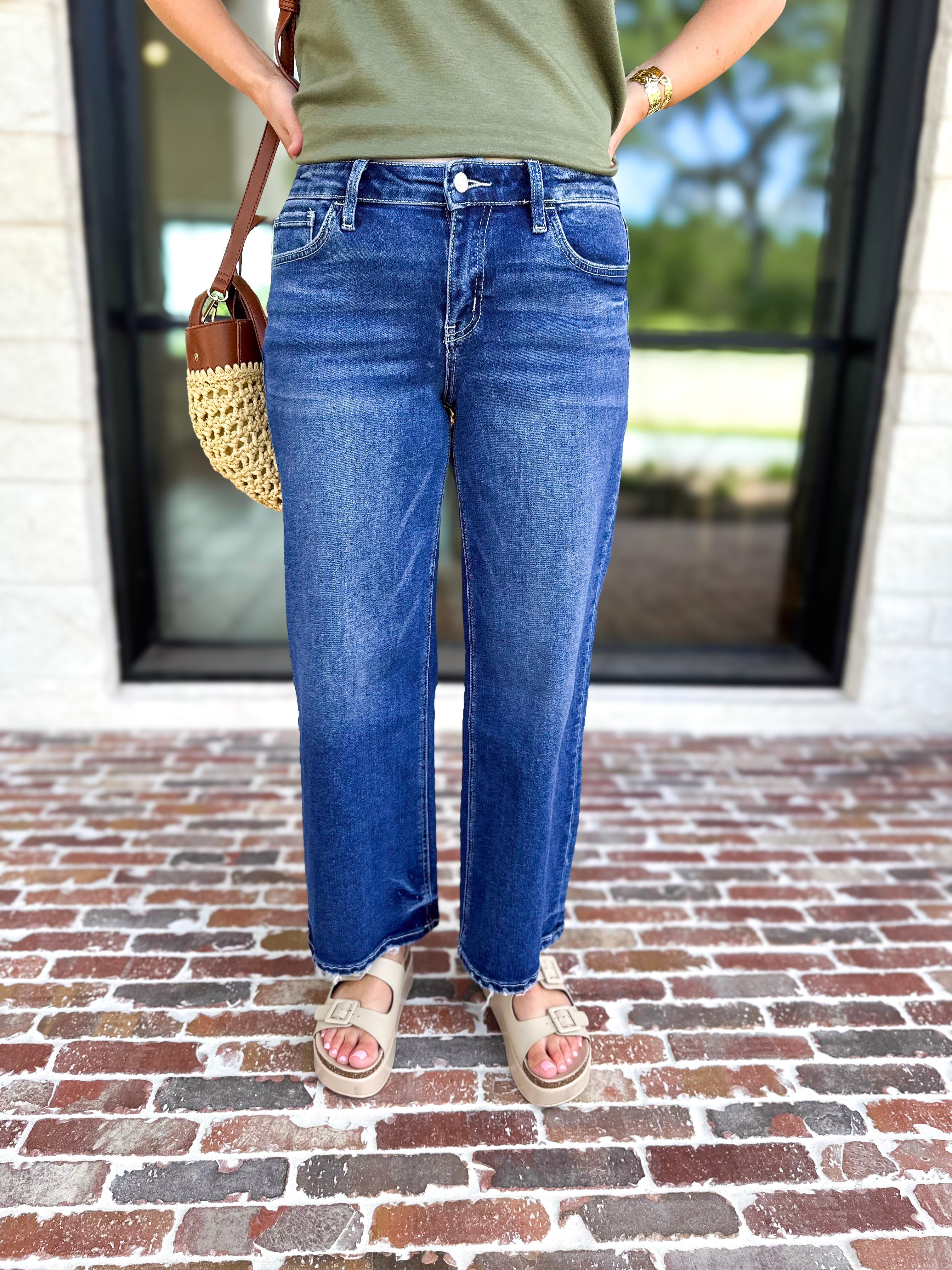 Vervet - Mid Rise Dark Wash Ankle Wide Leg Jeans-420 Denim-VEVERT BY FLYING MONKEY-July & June Women's Fashion Boutique Located in San Antonio, Texas