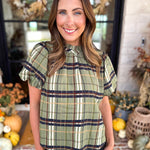 THML - Groves Plaid Ruffle Neck Blouse-200 Fashion Blouses-THML-July & June Women's Fashion Boutique Located in San Antonio, Texas