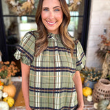 THML - Groves Plaid Ruffle Neck Blouse-200 Fashion Blouses-THML-July & June Women's Fashion Boutique Located in San Antonio, Texas