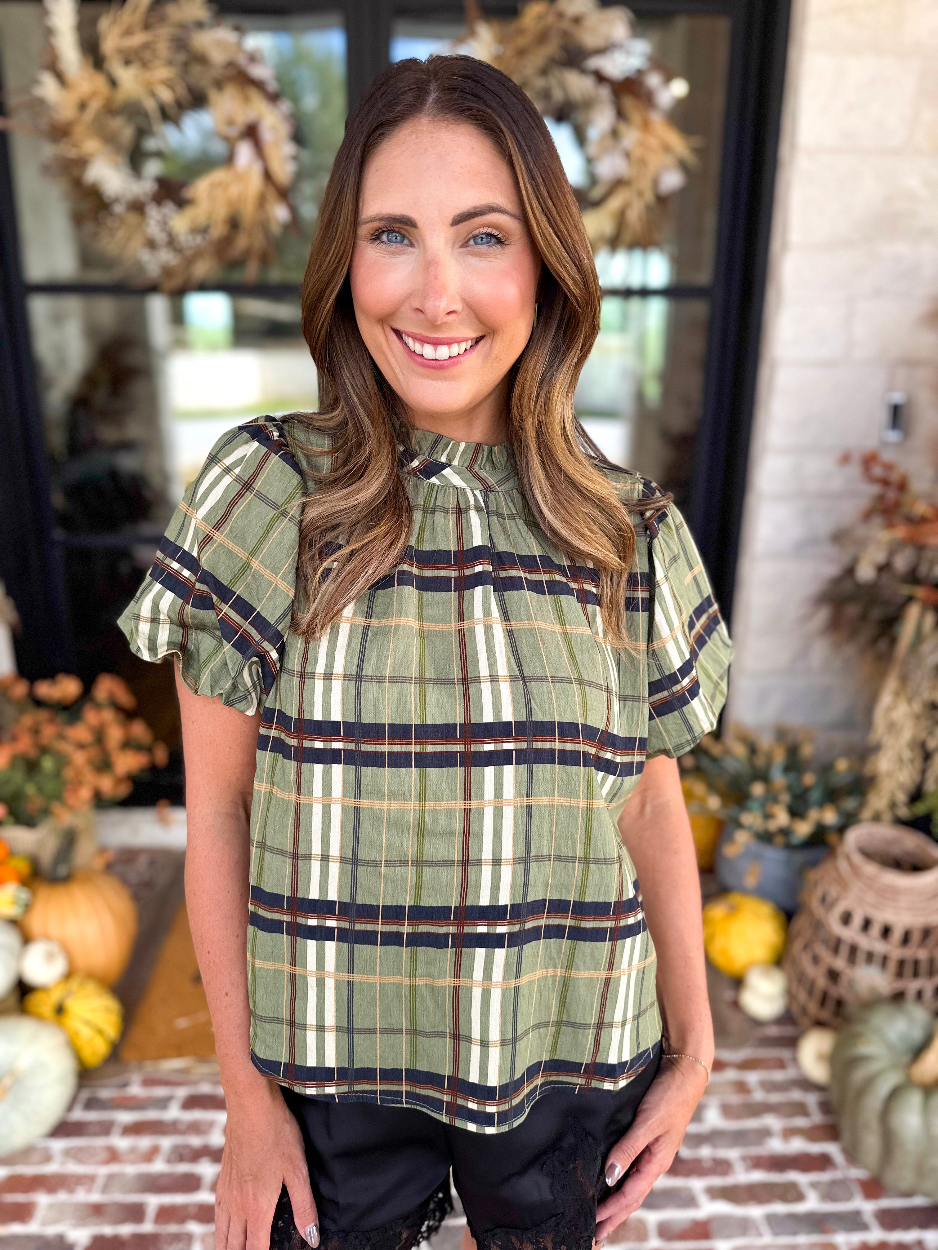 THML - Groves Plaid Ruffle Neck Blouse-200 Fashion Blouses-THML-July & June Women's Fashion Boutique Located in San Antonio, Texas
