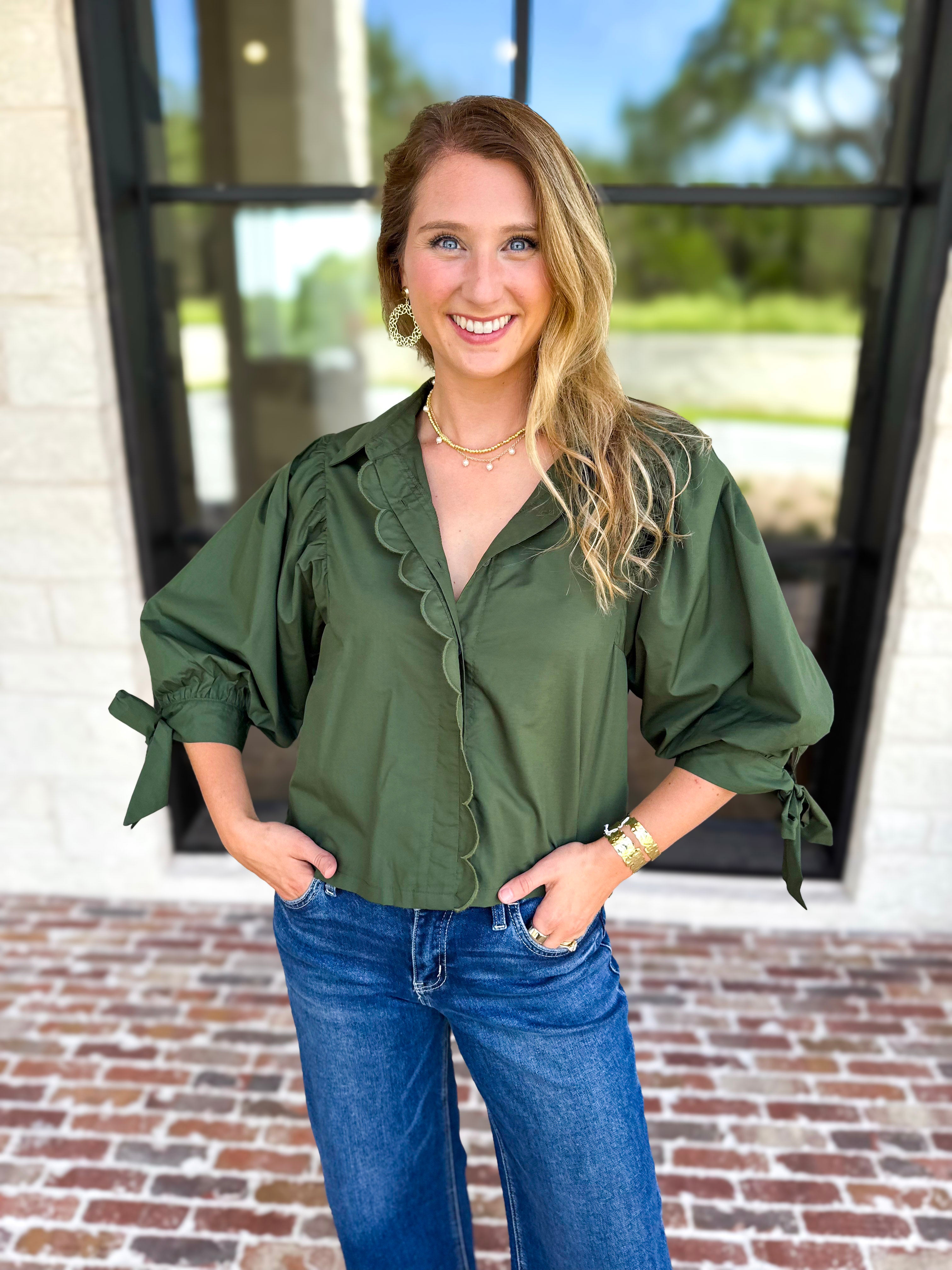 The Campbell Button Down Blouse - Forest-200 Fashion Blouses-ENTRO-July & June Women's Fashion Boutique Located in San Antonio, Texas