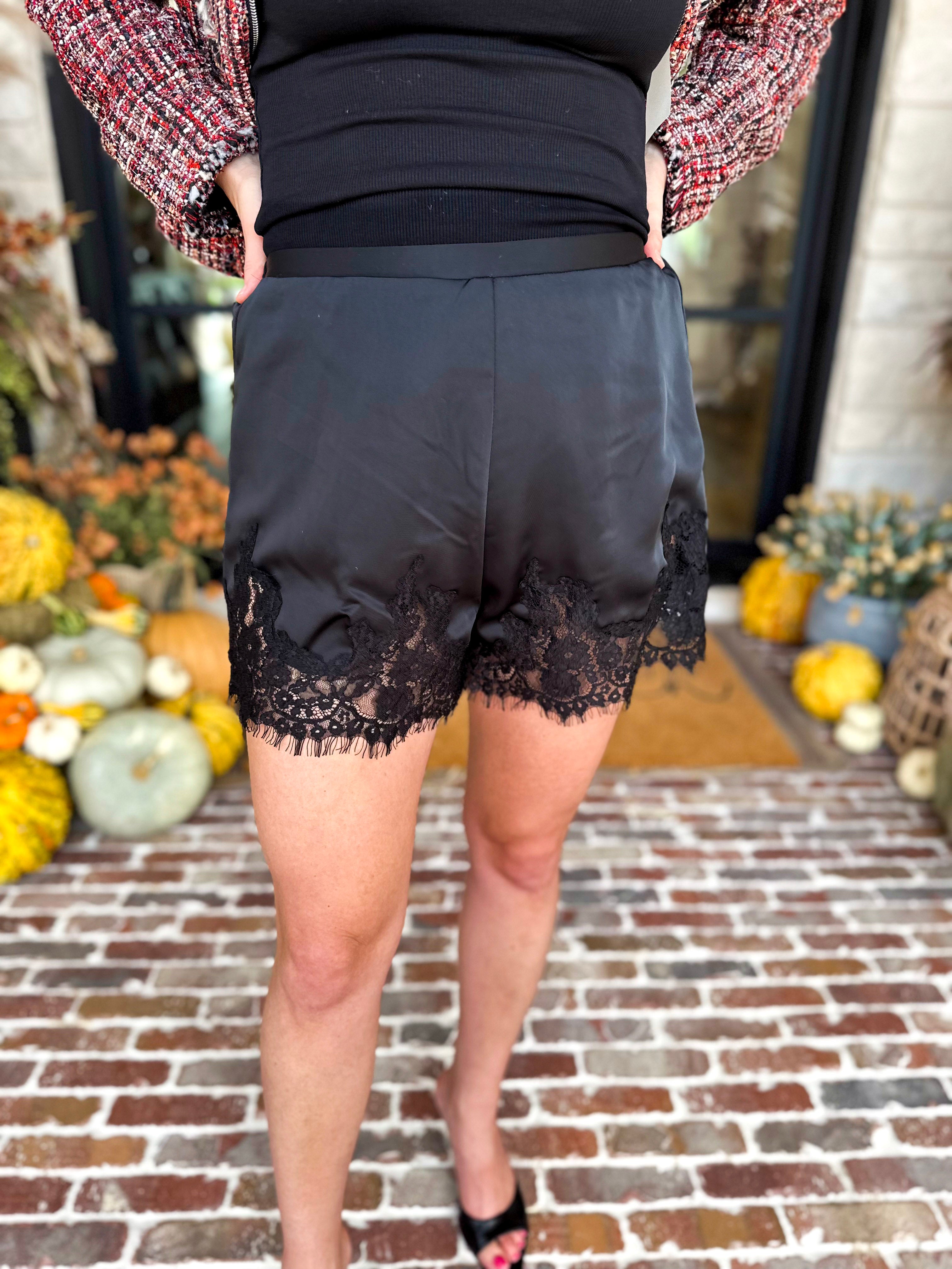 Satin Date Night Black Lace Shorts-410 Shorts/Skirts-TCEC-July & June Women's Fashion Boutique Located in San Antonio, Texas
