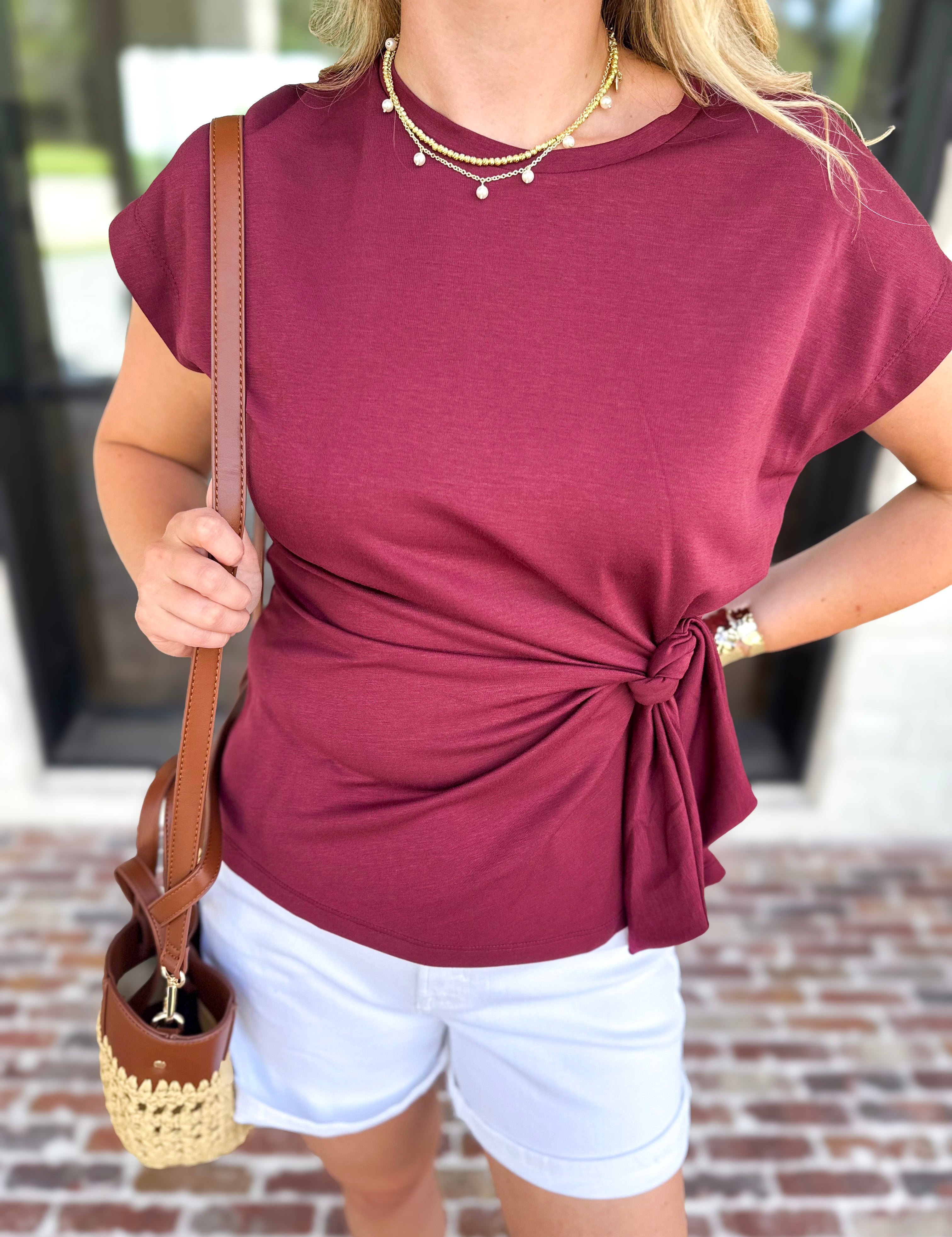 Essentials Knotted Blouse - Merlot-200 Fashion Blouses-ENTRO-July & June Women's Fashion Boutique Located in San Antonio, Texas