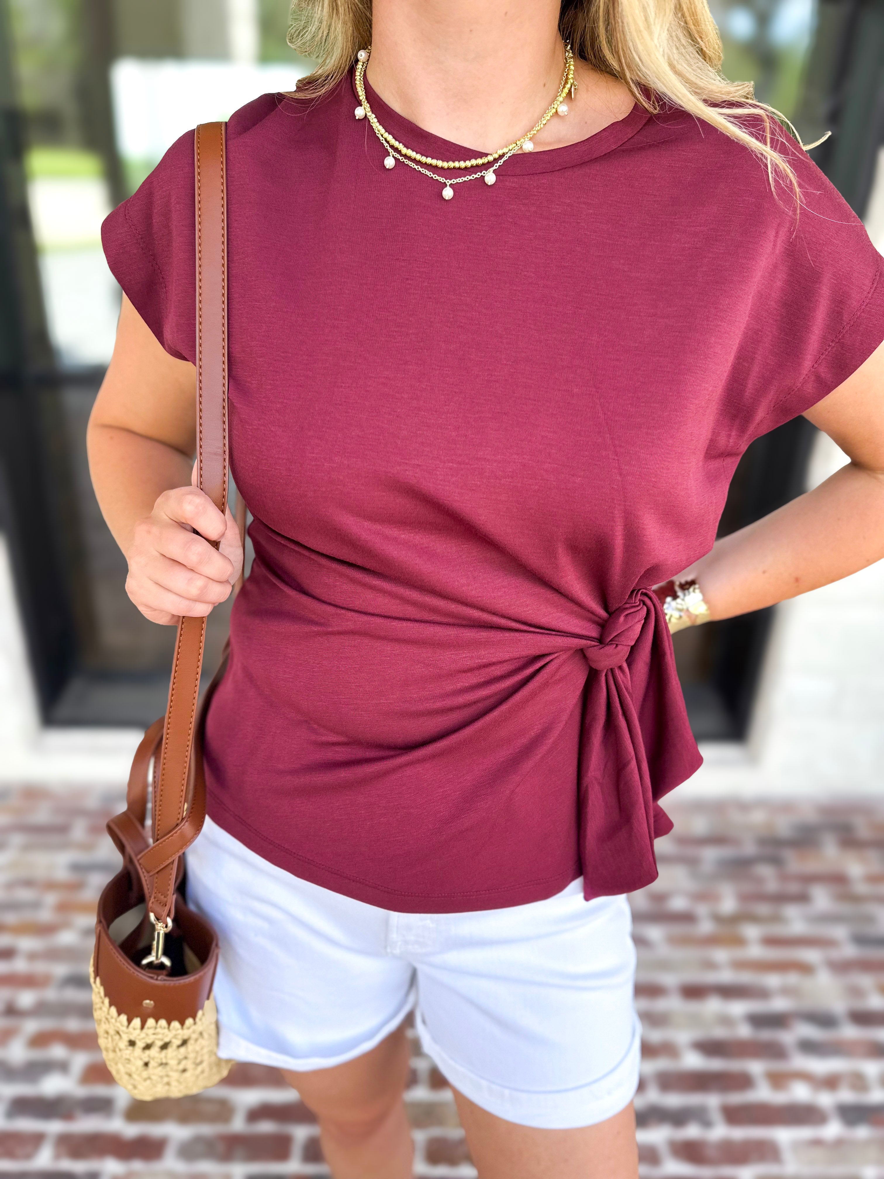 Essentials Knotted Blouse - Merlot-200 Fashion Blouses-ENTRO-July & June Women's Fashion Boutique Located in San Antonio, Texas