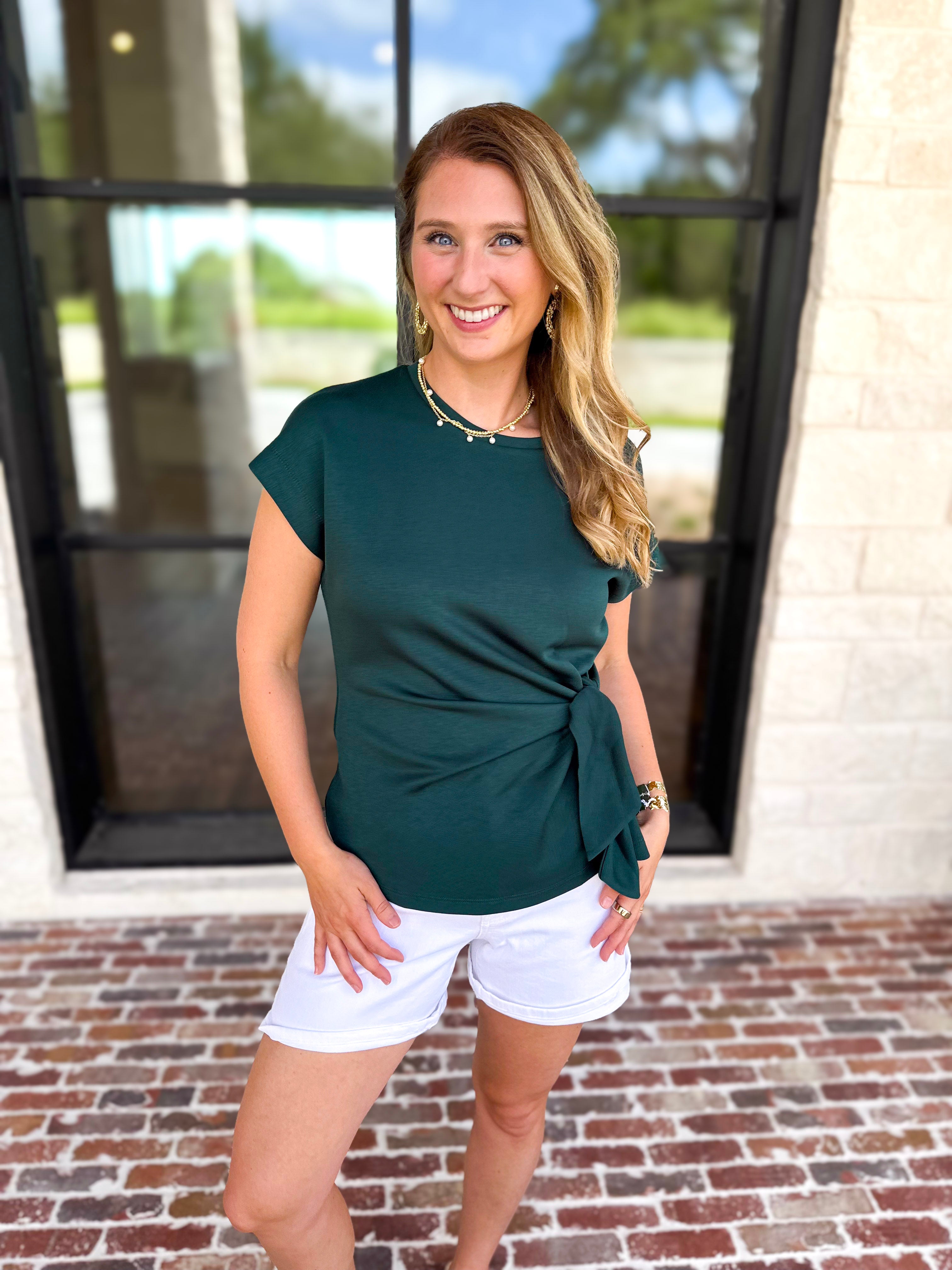 Essentials Knotted Blouse - Hunter Green-200 Fashion Blouses-ENTRO-July & June Women's Fashion Boutique Located in San Antonio, Texas