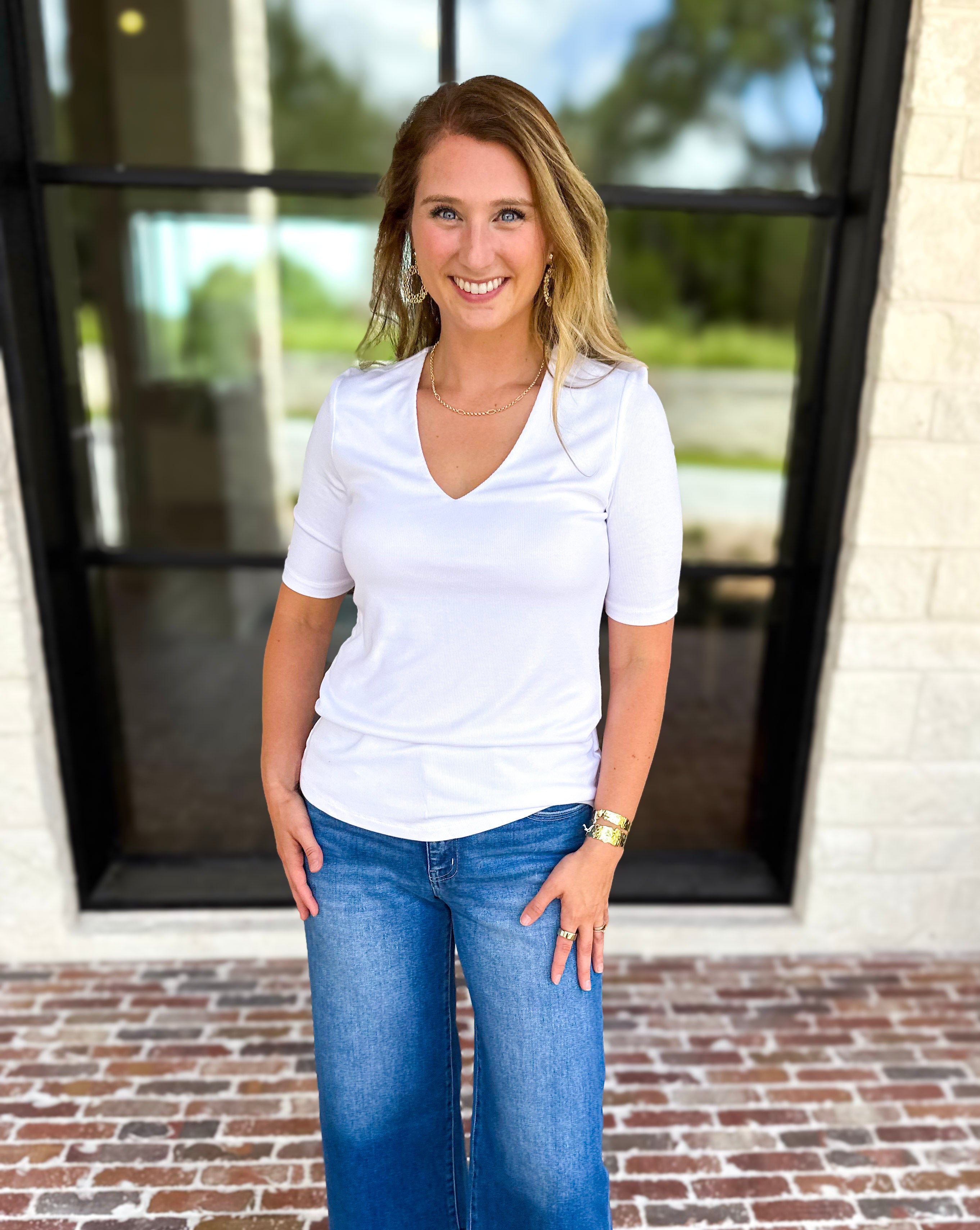Liverpool - Double Layer V-Neck Top - Ivory-210 Casual Blouses-LIVERPOOL JEANS COMPANY-July & June Women's Fashion Boutique Located in San Antonio, Texas