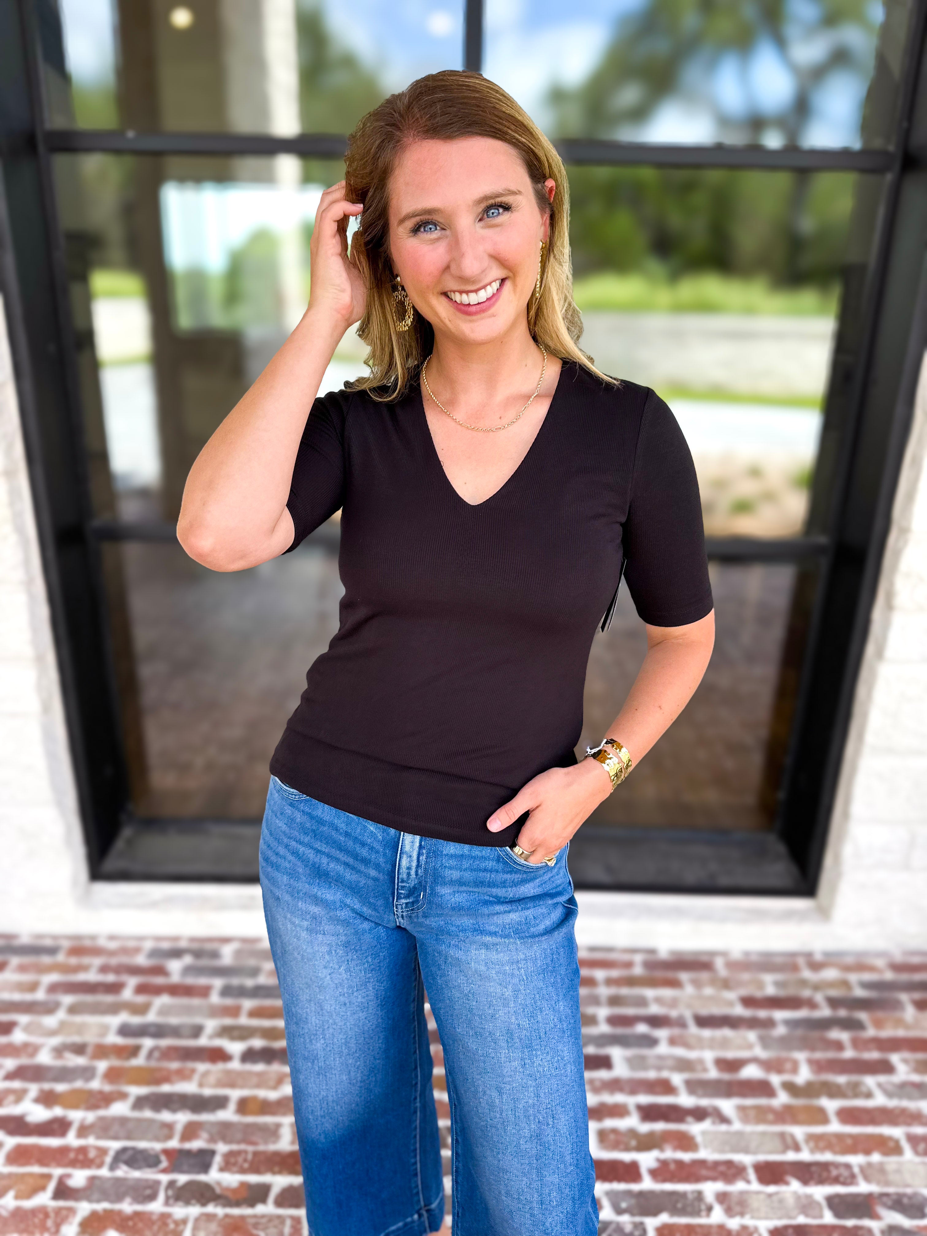 Liverpool - Double Layer V-Neck Top - Black-210 Casual Blouses-LIVERPOOL JEANS COMPANY-July & June Women's Fashion Boutique Located in San Antonio, Texas