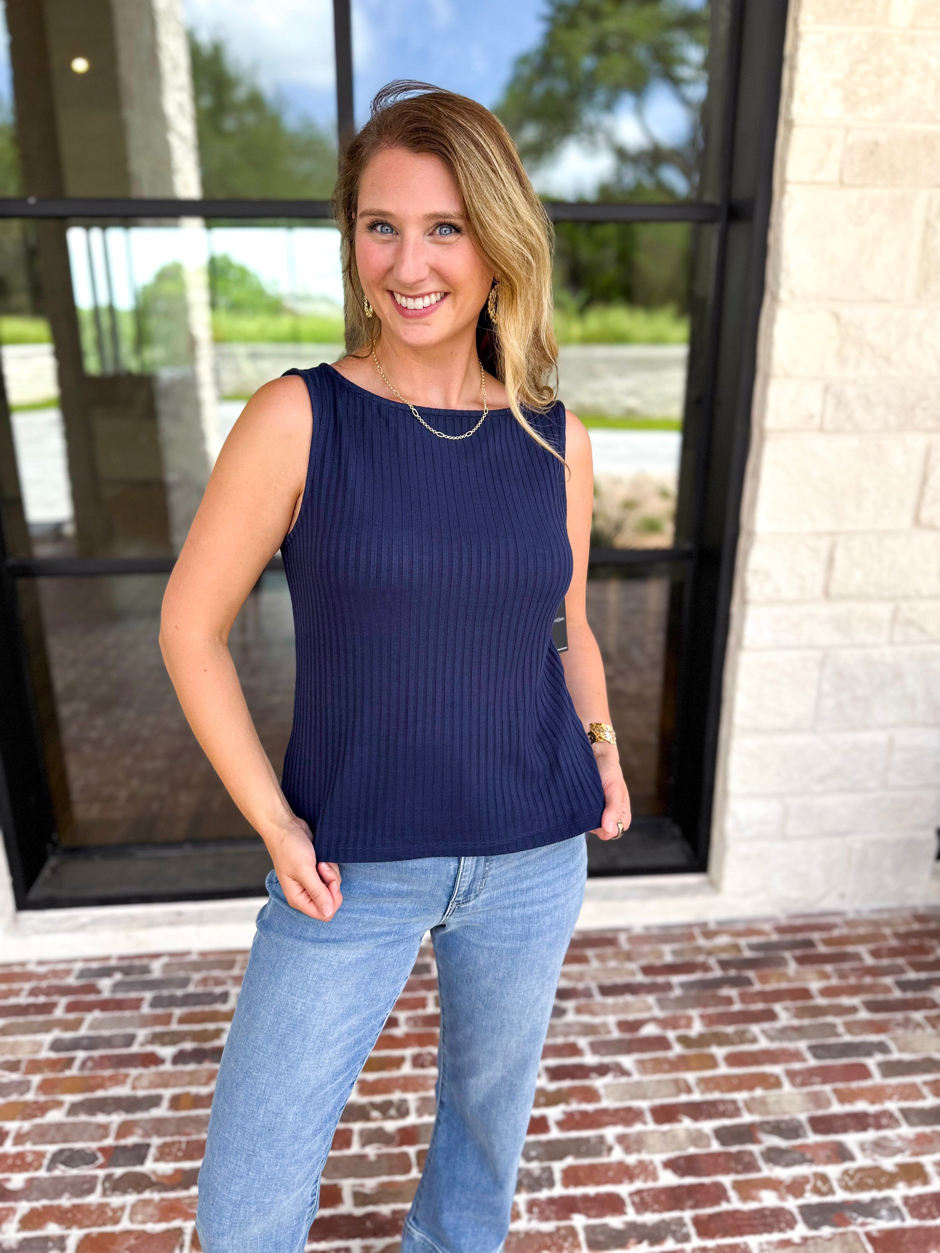 Liverpool - Classic Boatneck Knit Tank - Navy-210 Casual Blouses-LIVERPOOL JEANS COMPANY-July & June Women's Fashion Boutique Located in San Antonio, Texas