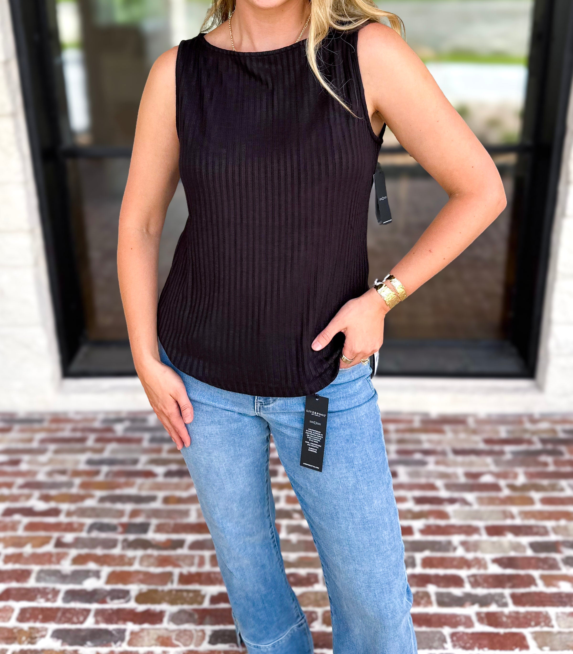 Liverpool - Classic Boatneck Knit Tank - Black-210 Casual Blouses-LIVERPOOL JEANS COMPANY-July & June Women's Fashion Boutique Located in San Antonio, Texas