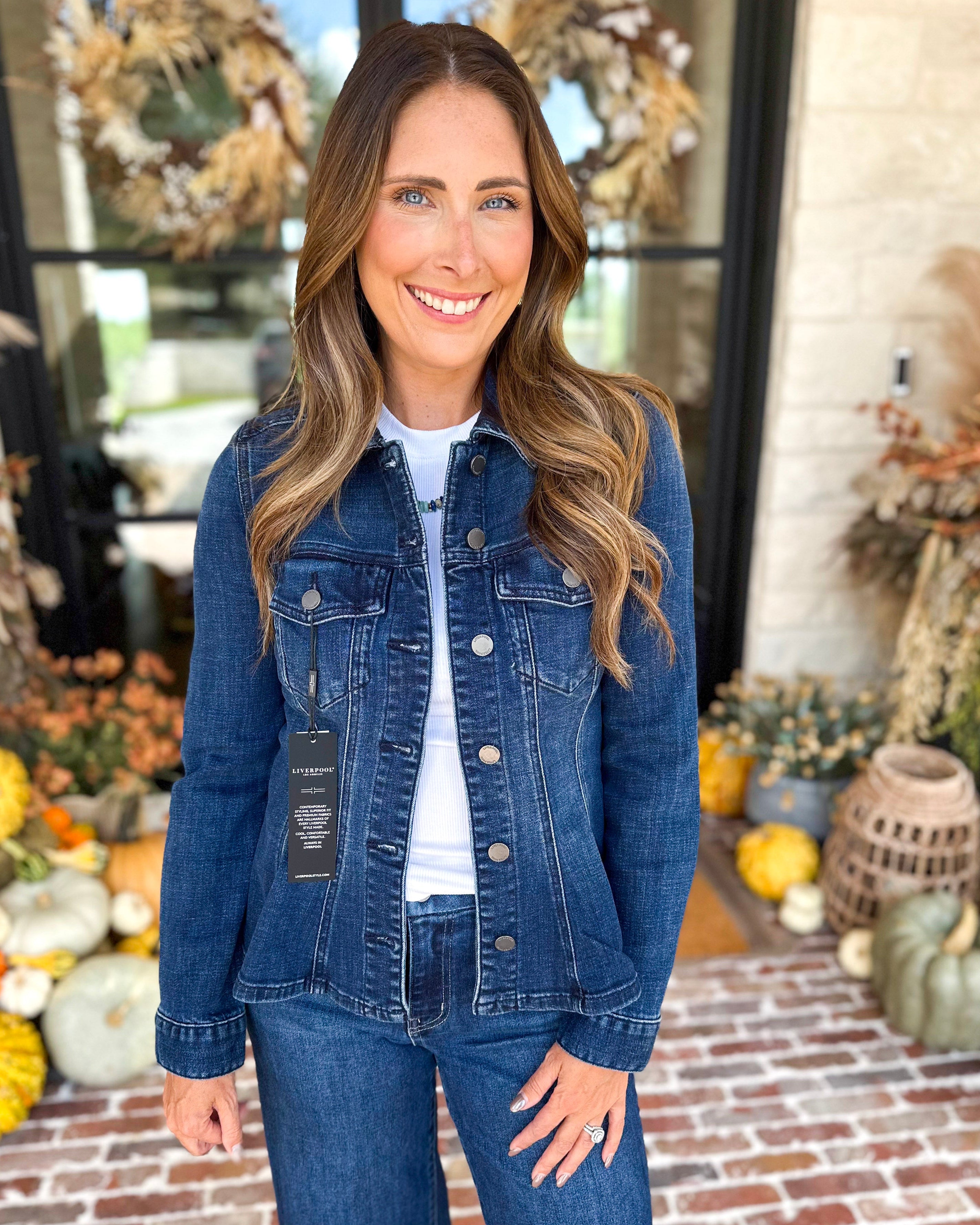 Liverpool - Fit and Flare Denim Jacket-600 Outerwear-LIVERPOOL JEANS COMPANY-July & June Women's Fashion Boutique Located in San Antonio, Texas