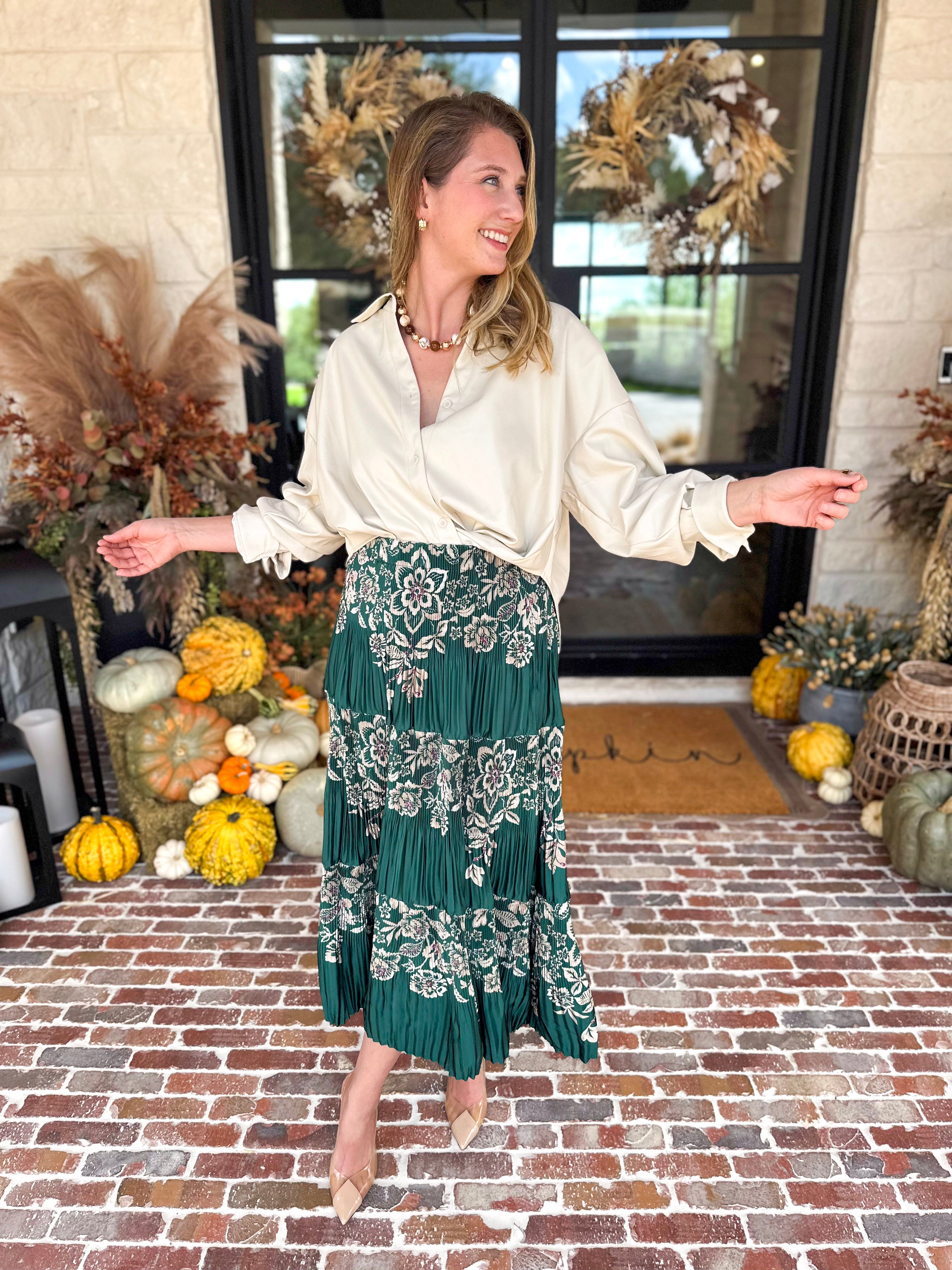 Current Air - Emerald Green Floral Pleated Midi Skirt-410 Shorts/Skirts-CURRENT AIR CLOTHING-July & June Women's Fashion Boutique Located in San Antonio, Texas