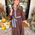 Mary Square - Lace Embroidered Brown Midi Dress-500 Midi-MARY SQUARE-July & June Women's Fashion Boutique Located in San Antonio, Texas