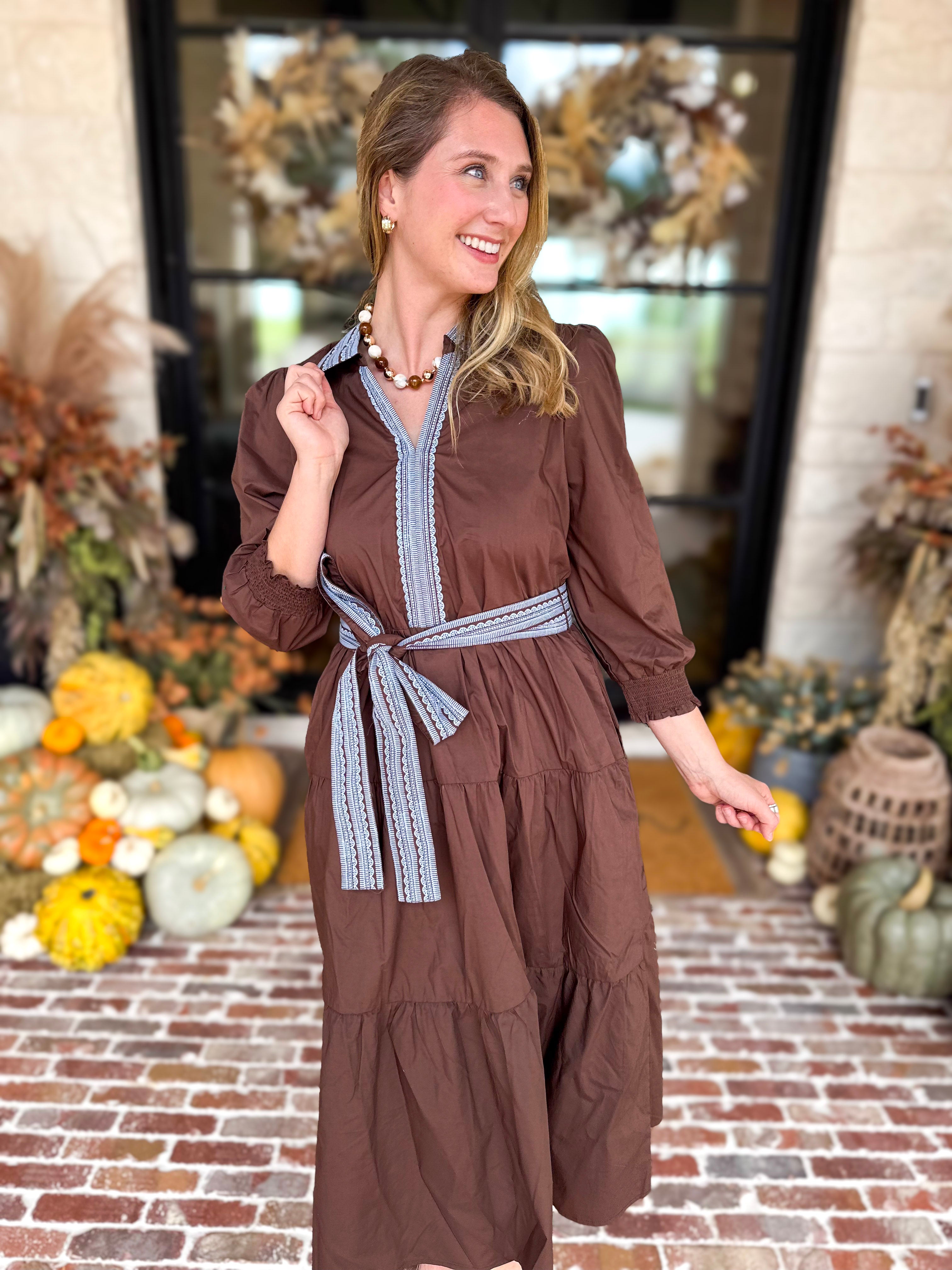 Mary Square - Lace Embroidered Brown Midi Dress-500 Midi-MARY SQUARE-July & June Women's Fashion Boutique Located in San Antonio, Texas