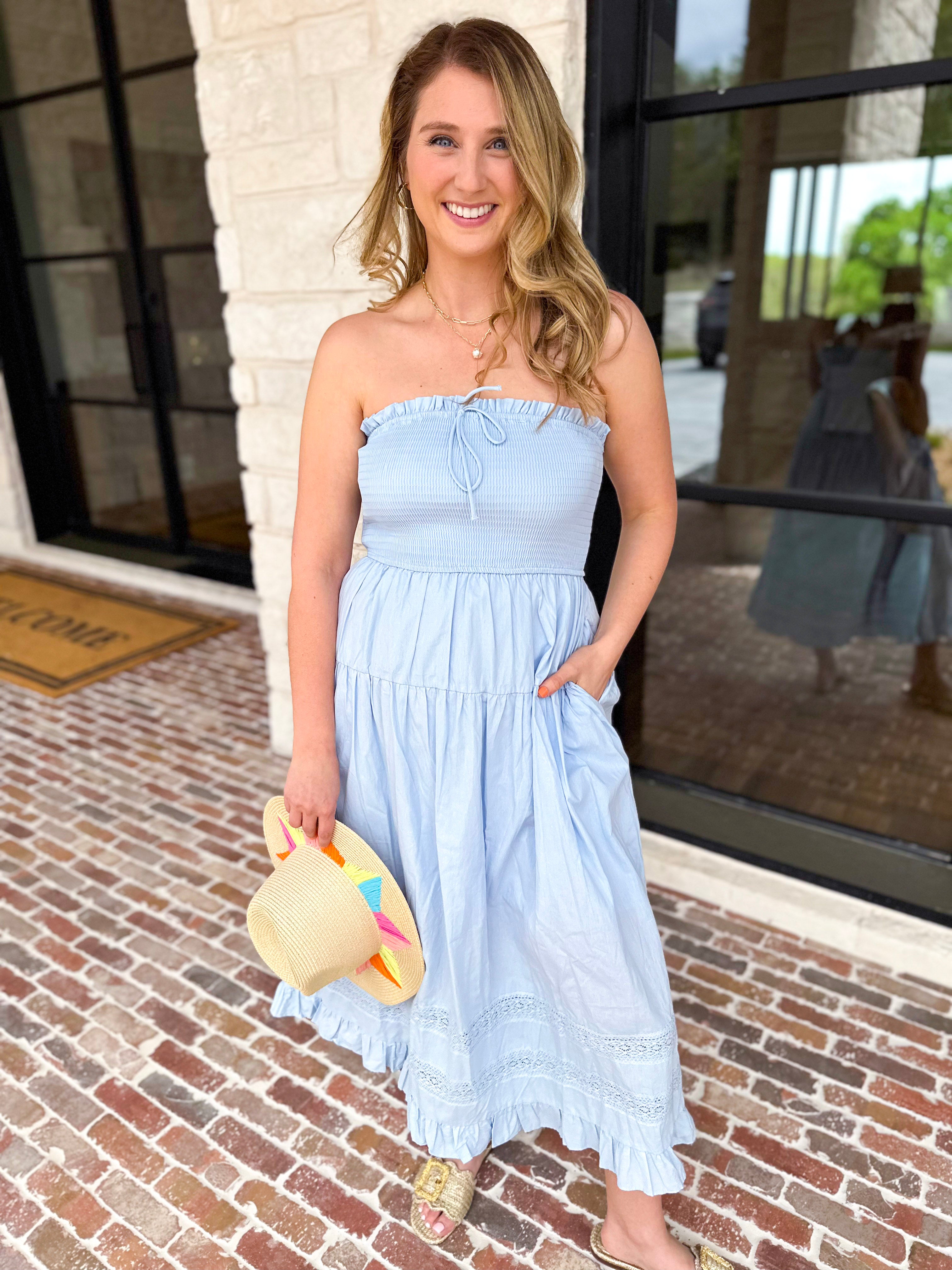 Sky Blue Strapless Midi Dress-500 Midi-MAIN STRIP-July & June Women's Fashion Boutique Located in San Antonio, Texas