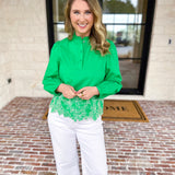 Current Air - Kelly Green Eyelet Lace Blouse-200 Fashion Blouses-CURRENT AIR CLOTHING-July & June Women's Fashion Boutique Located in San Antonio, Texas