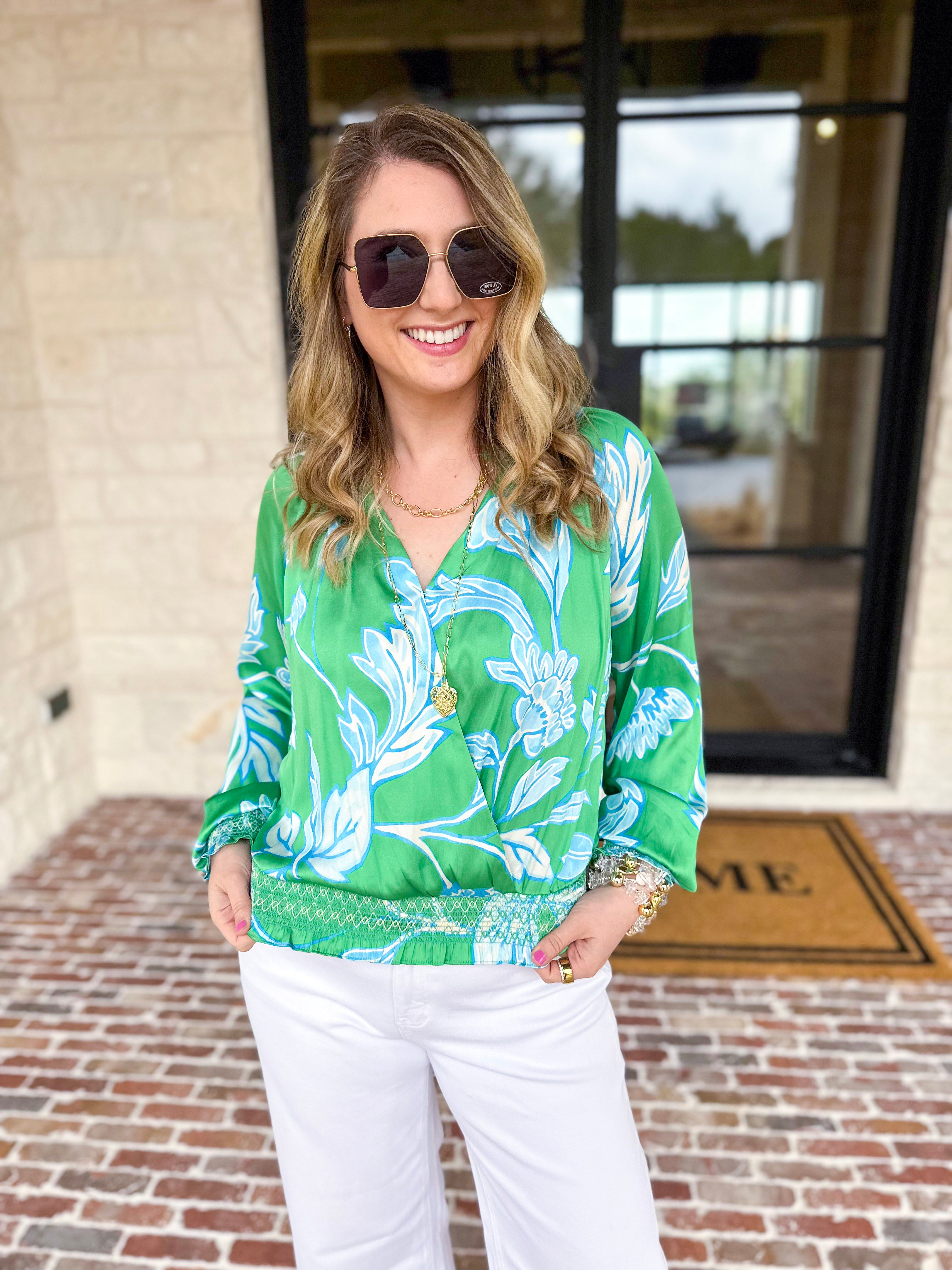 Current Air - Spring Green Floral Blouse-200 Fashion Blouses-CURRENT AIR CLOTHING-July & June Women's Fashion Boutique Located in San Antonio, Texas