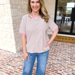 Casual Hangout Striped Tee - Pink-210 Casual Blouses-POLOGRAM-July & June Women's Fashion Boutique Located in San Antonio, Texas