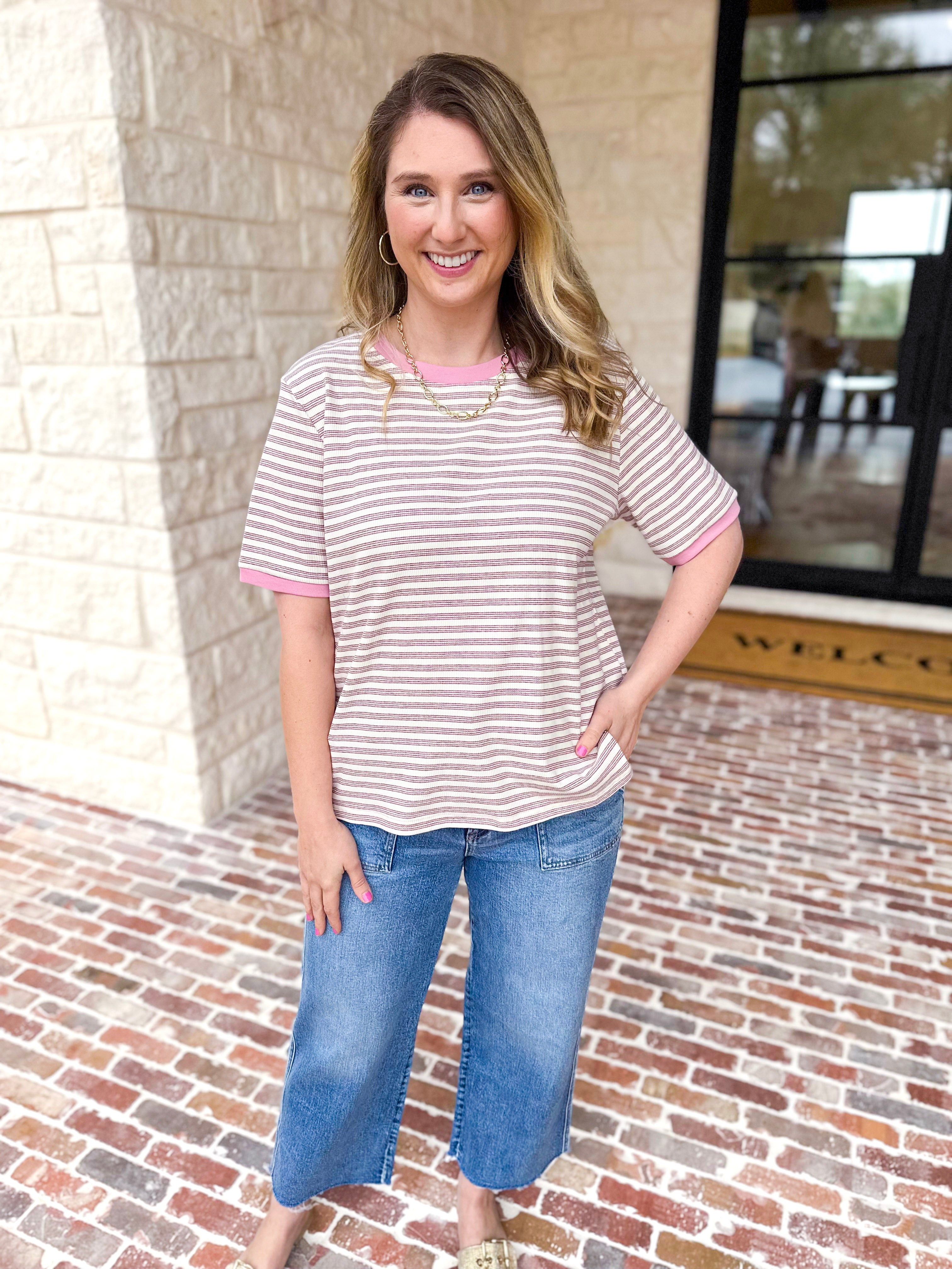 Casual Hangout Striped Tee - Pink-210 Casual Blouses-POLOGRAM-July & June Women's Fashion Boutique Located in San Antonio, Texas