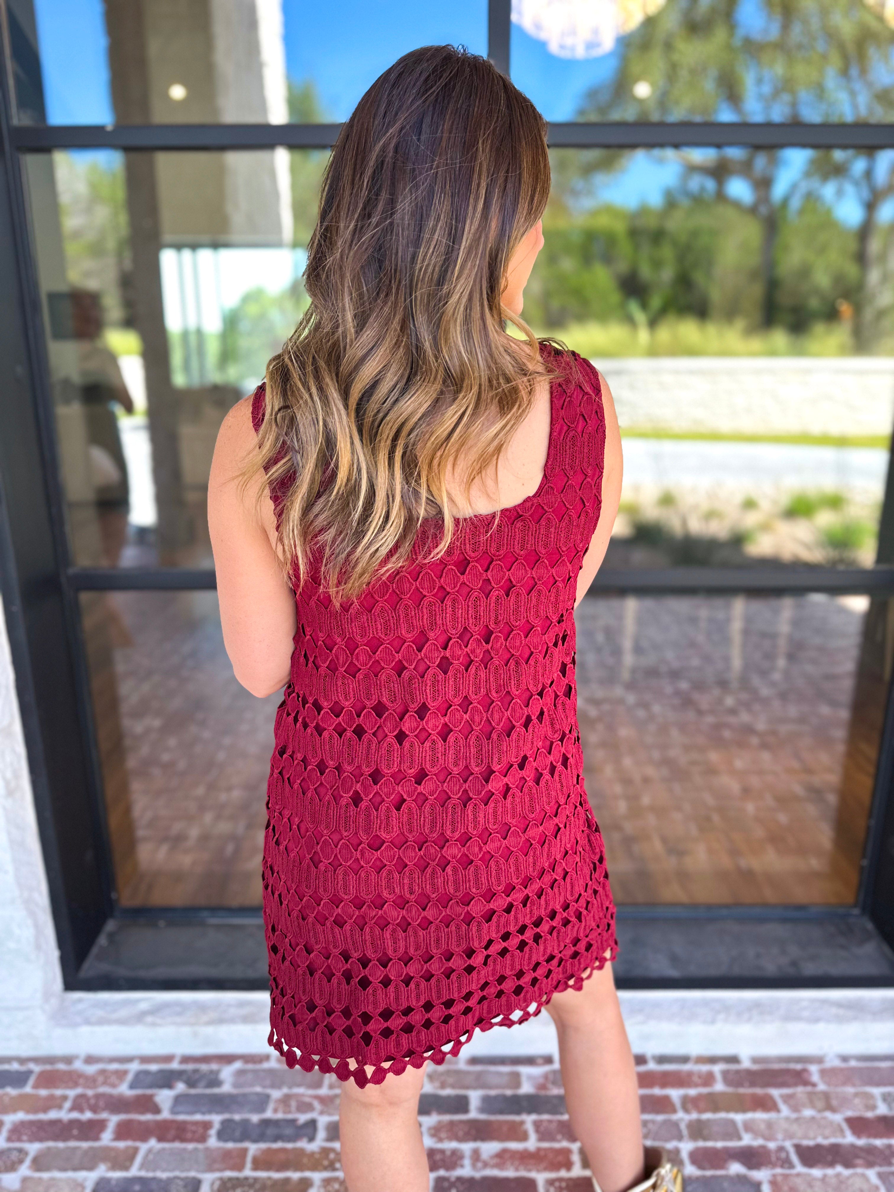 Crochet Overlay Mini Dress - Wine-510 Mini-ENTRO-July & June Women's Fashion Boutique Located in San Antonio, Texas