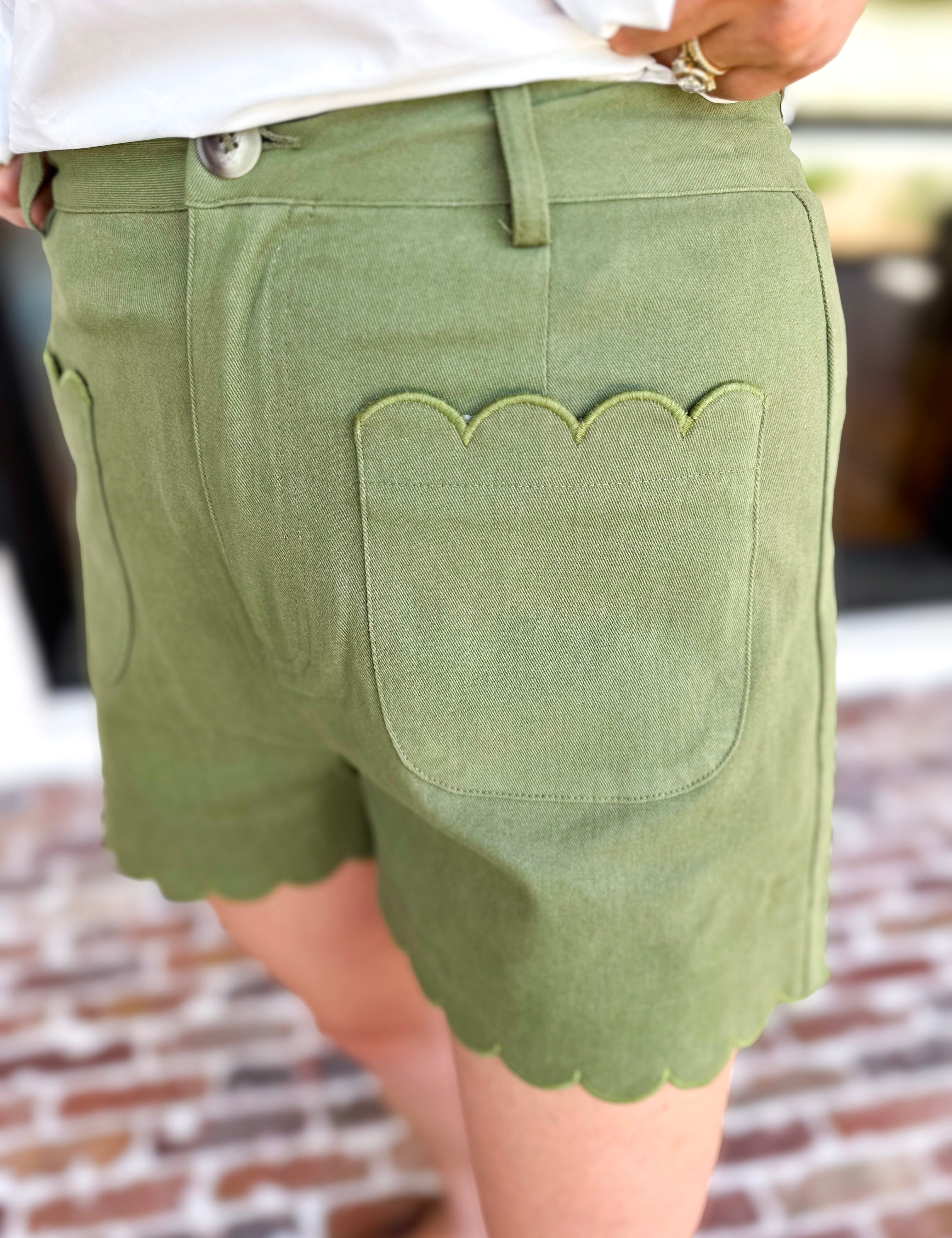 Scalloped Shorts - Matcha-410 Shorts/Skirts-ENTRO-July & June Women's Fashion Boutique Located in San Antonio, Texas